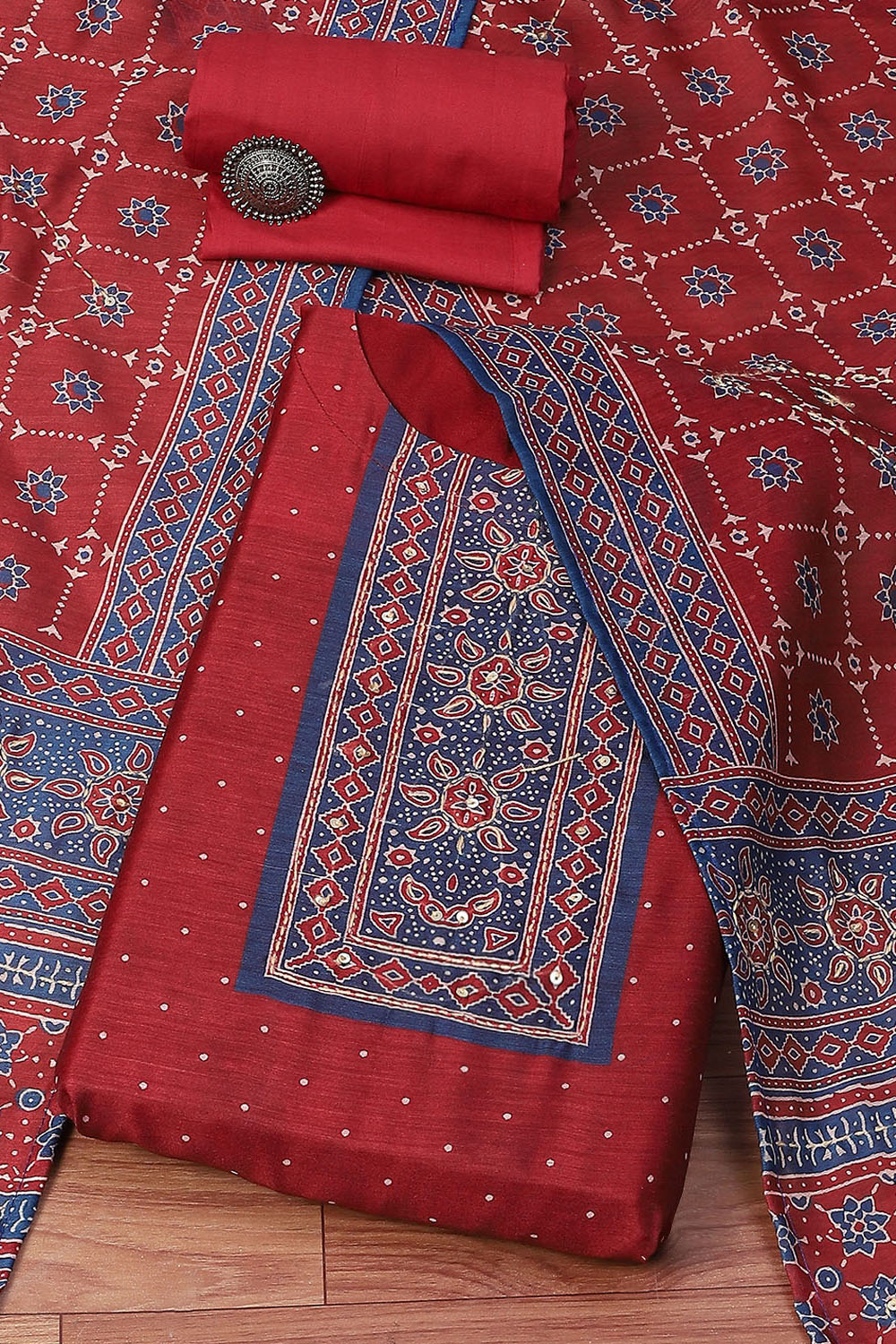 Red Chanderi Unstitched Suit Set image number 0