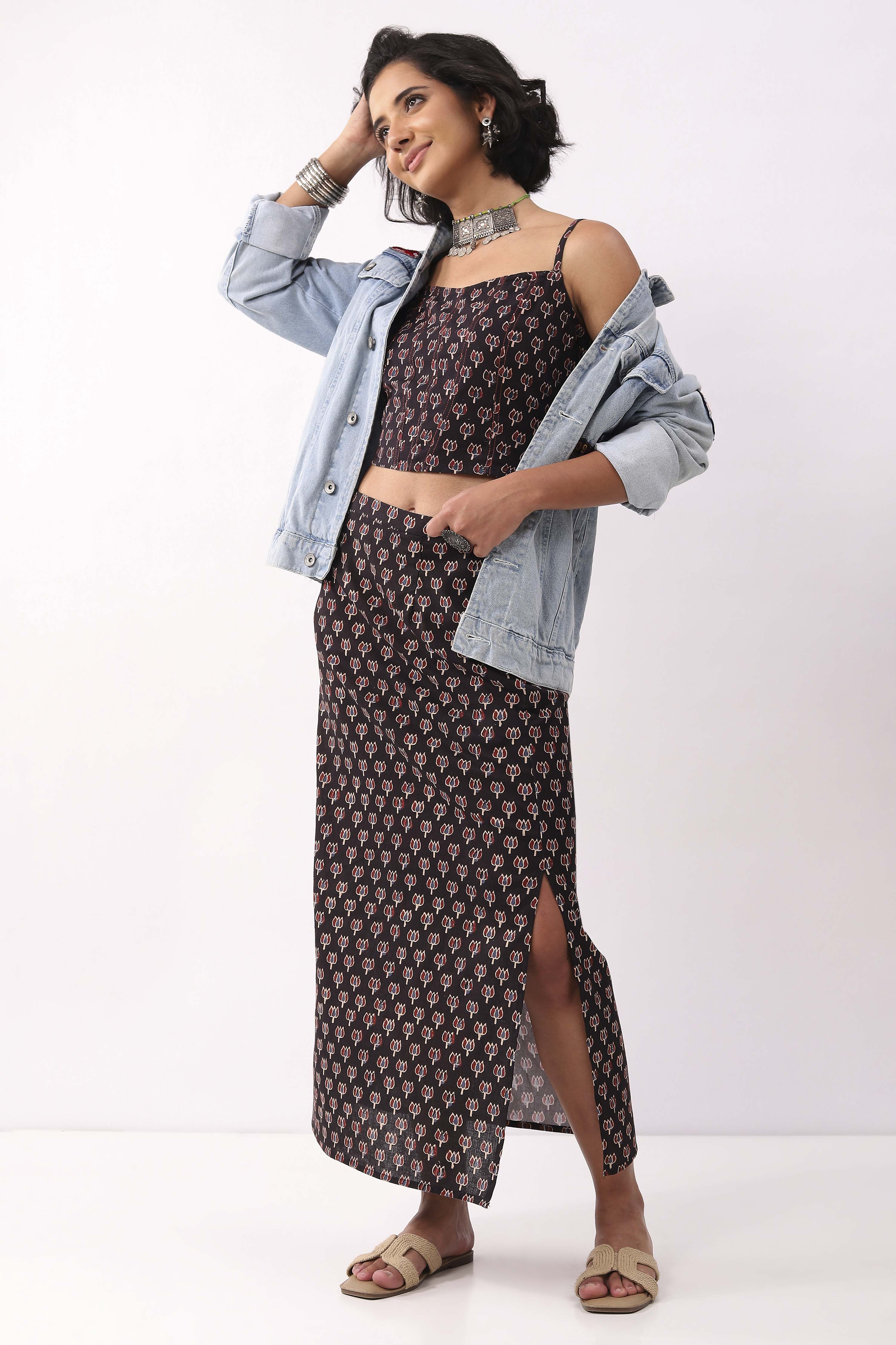Black Cotton Floral Straight Maxi Skirt image number 0