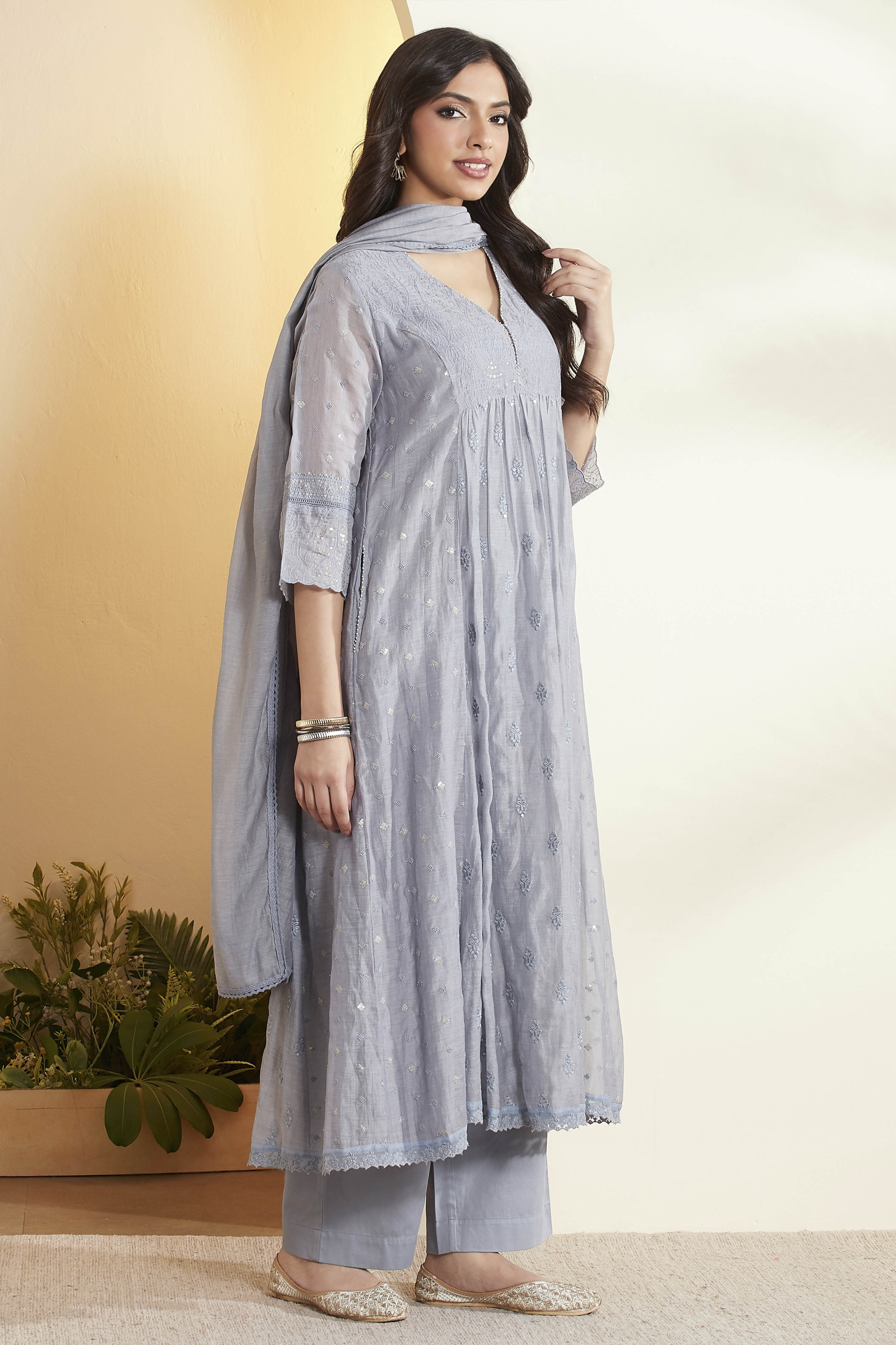 Powder Blue Cotton Silk Kalidar Suit Set image number 5