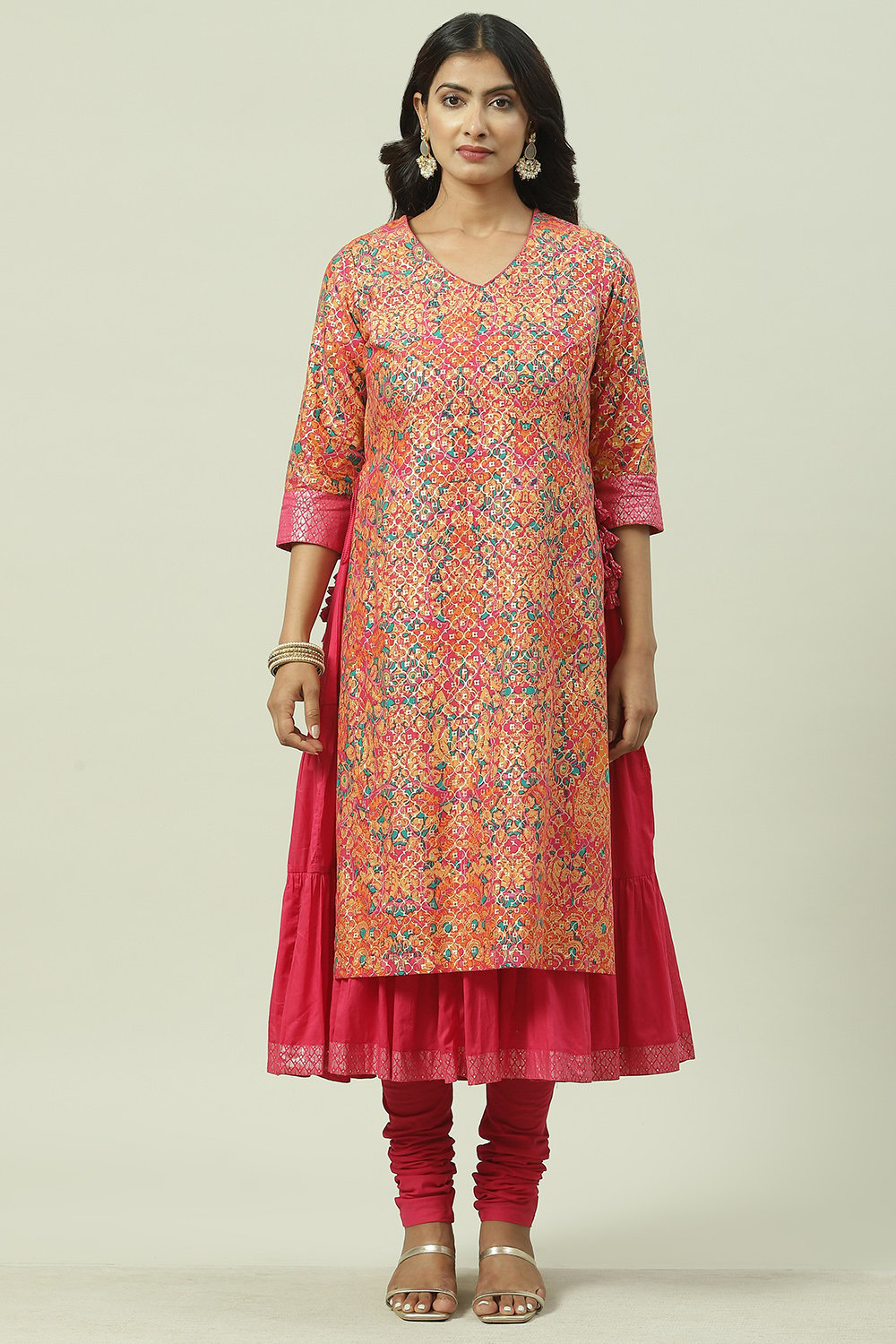 Fuschia Cotton Layered Kurta Churidar Suit Set image number 9