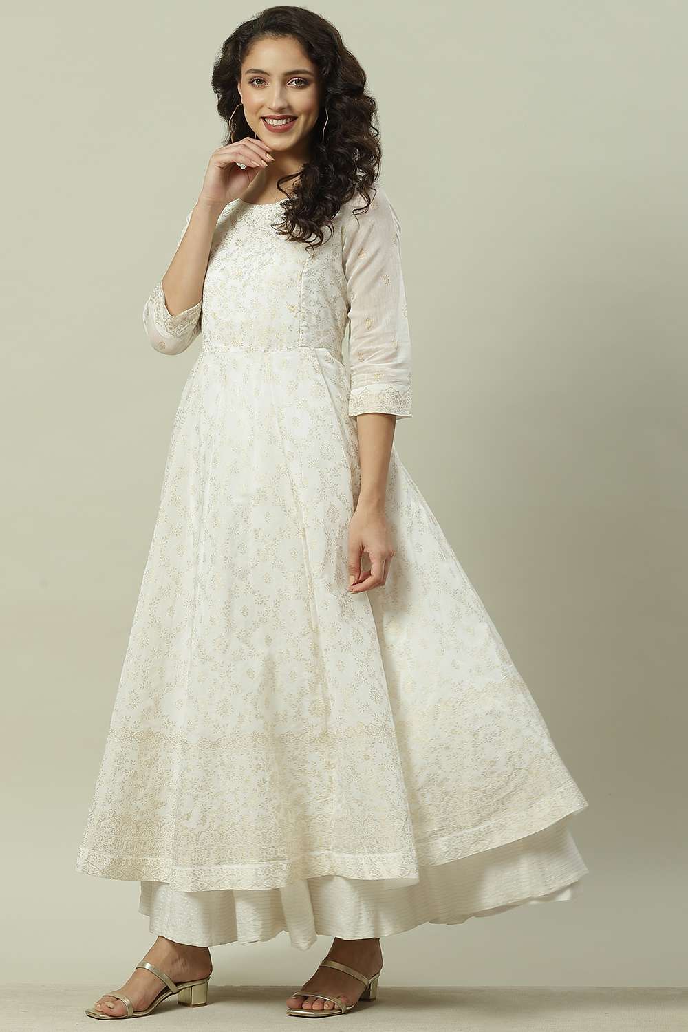 Off White Art Silk Anarkali Printed Dress