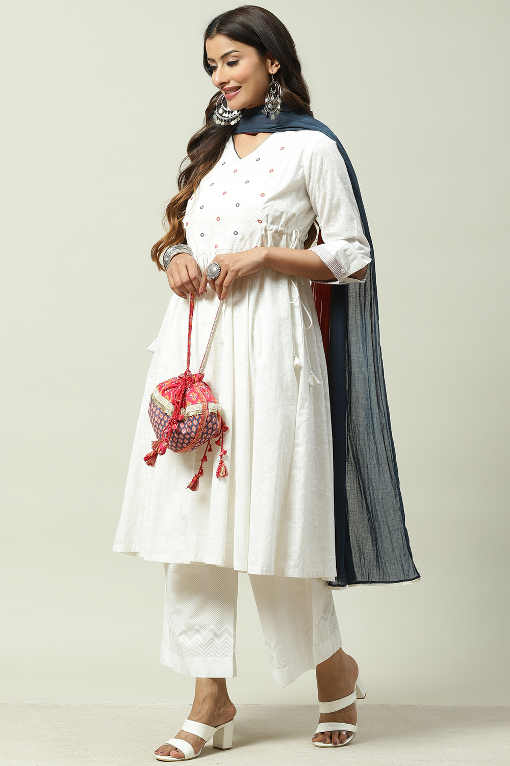 White Cotton Flared Kurta Cropped Palazzo Suit Set image number 5