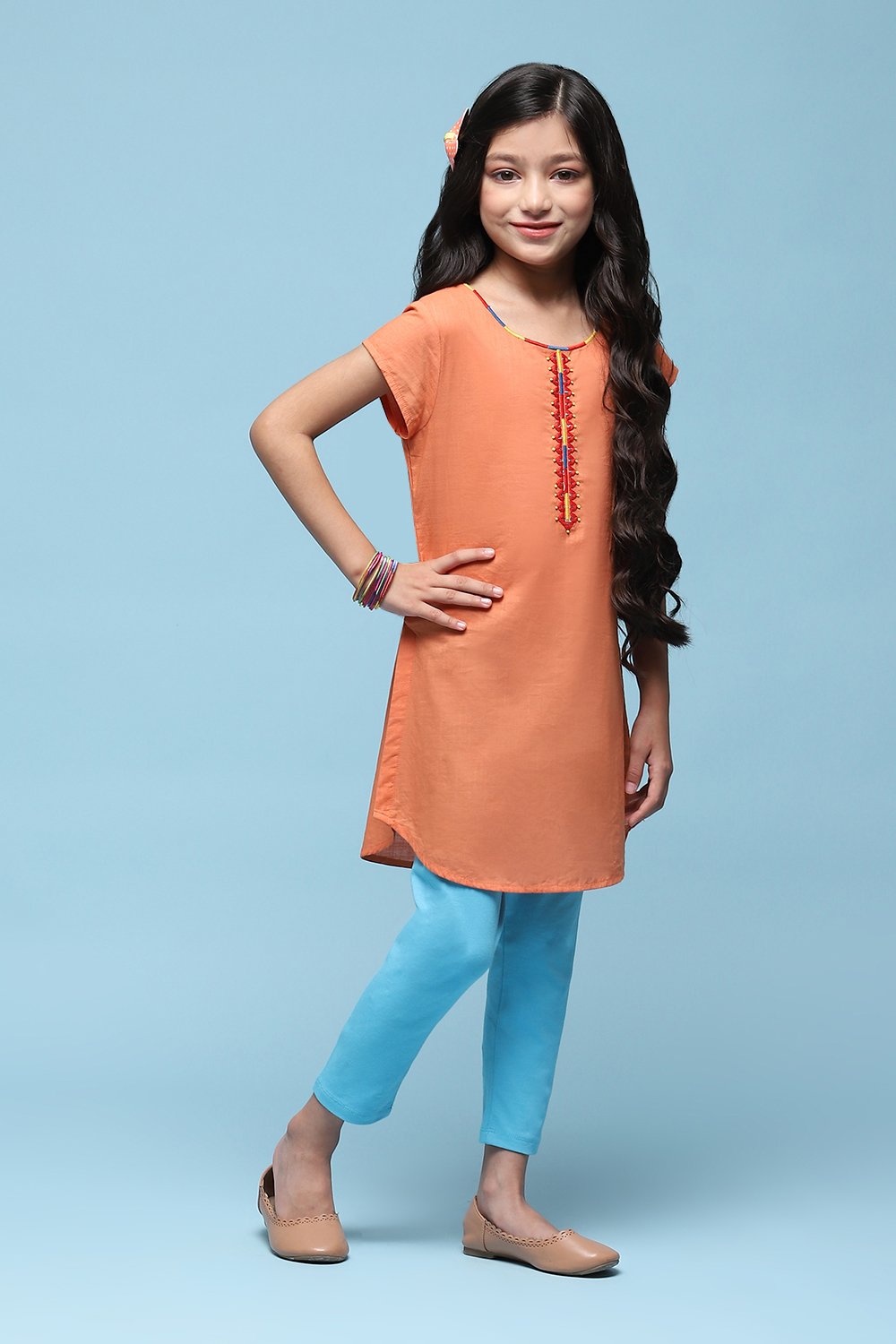 Orange Cotton Straight Solid Kurta Set image number 5