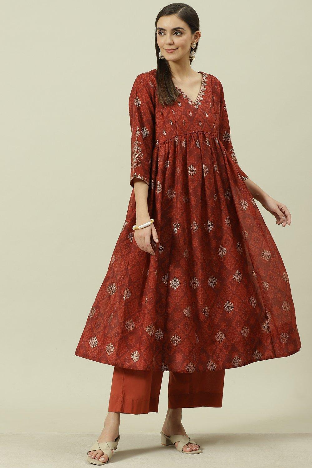 Rust Printed Anarkali Kurta Palazzo Suit Set image number 3