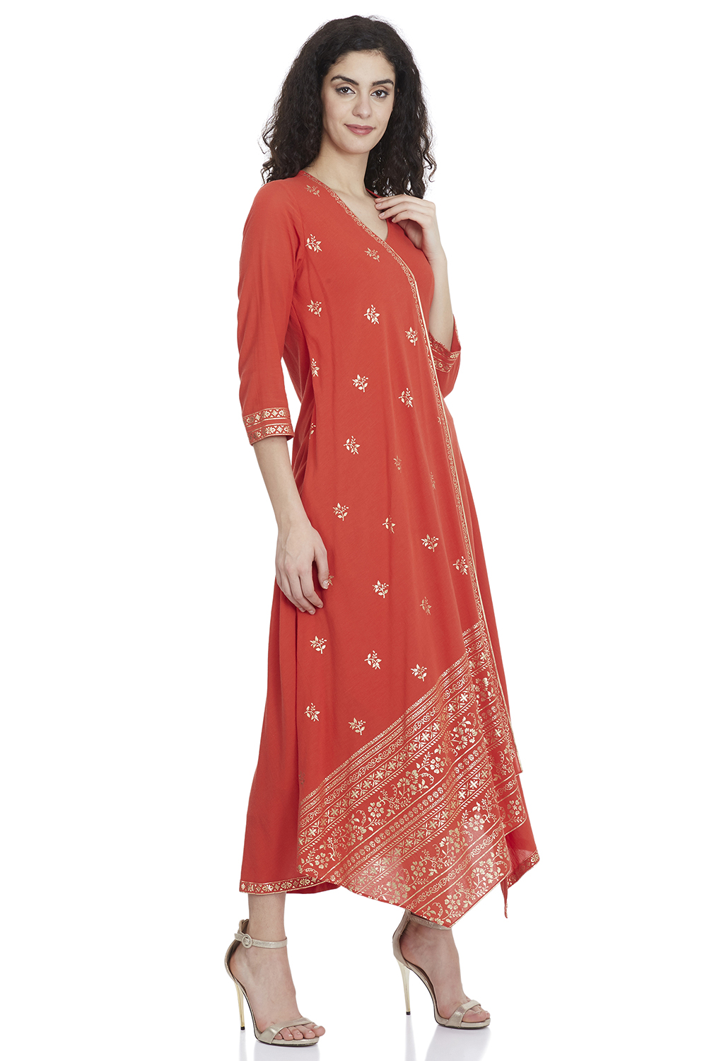 Red Flared Cotton And Viscose Printed Kurta image number 3