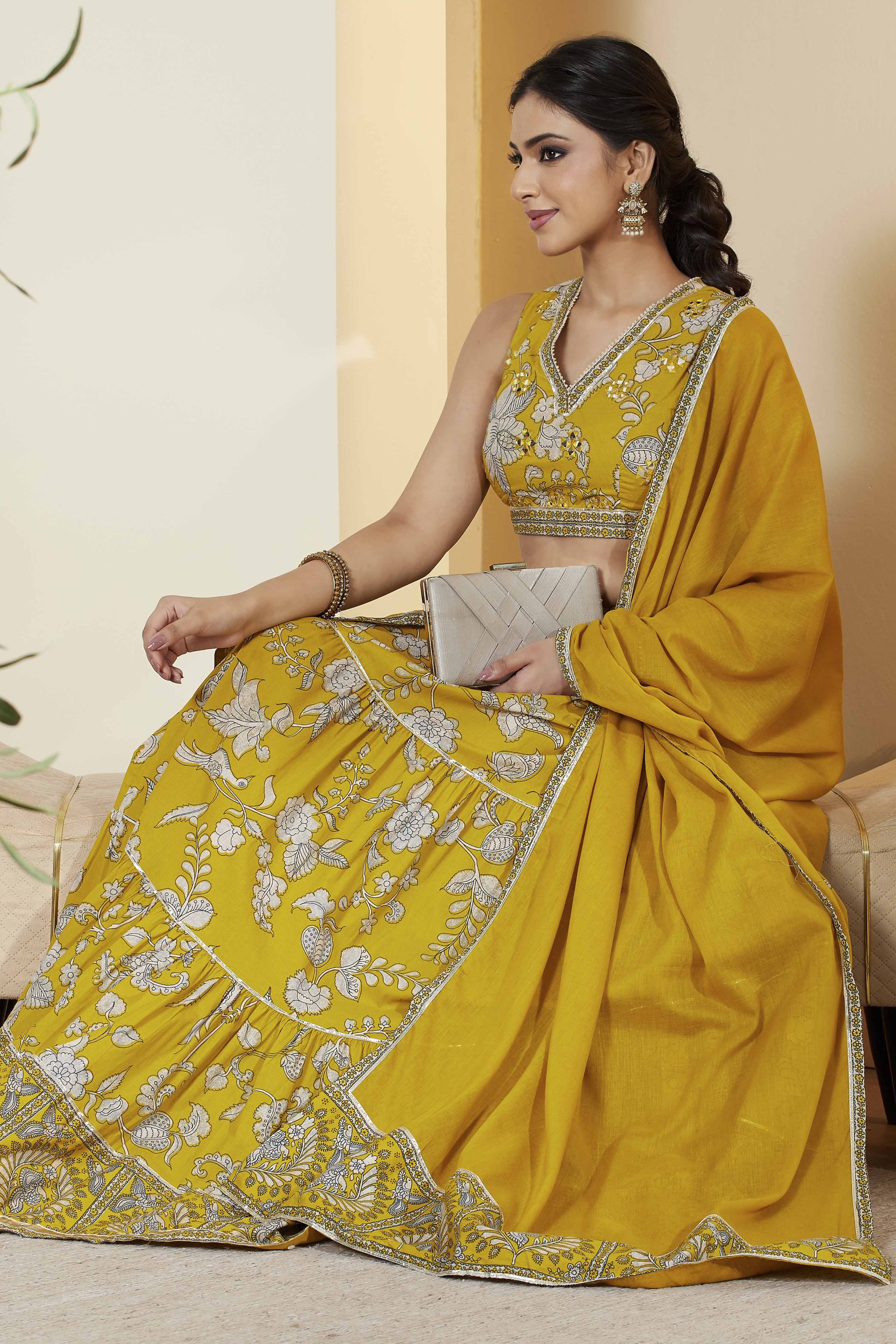 Yellow Cotton Straight Lehenga Set image number 0
