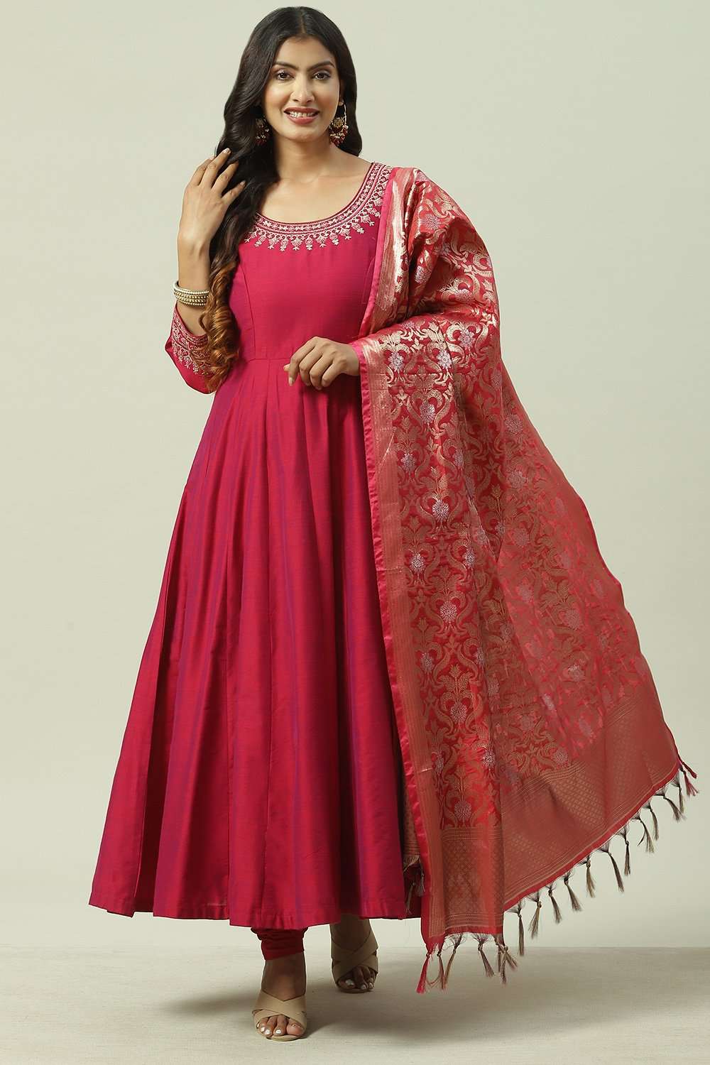 Magenta Poly Viscose Anarkali Kurta Churidar Suit Set image number 0