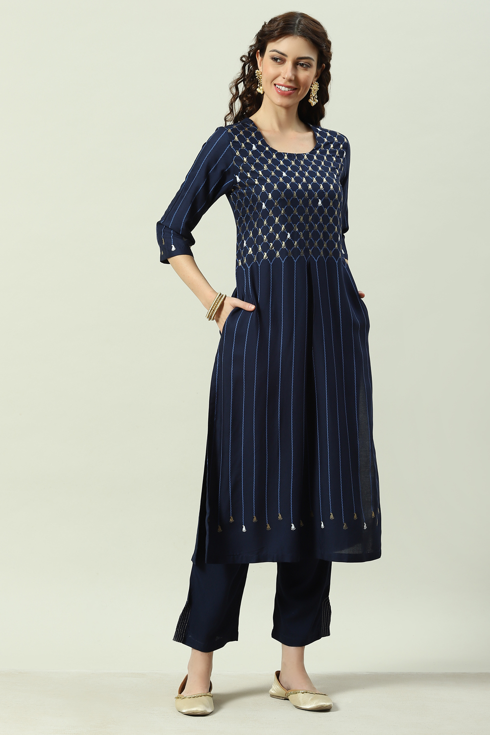 Navy Printed Rayon Straight Kurta Regular Pants Suit Set image number 5