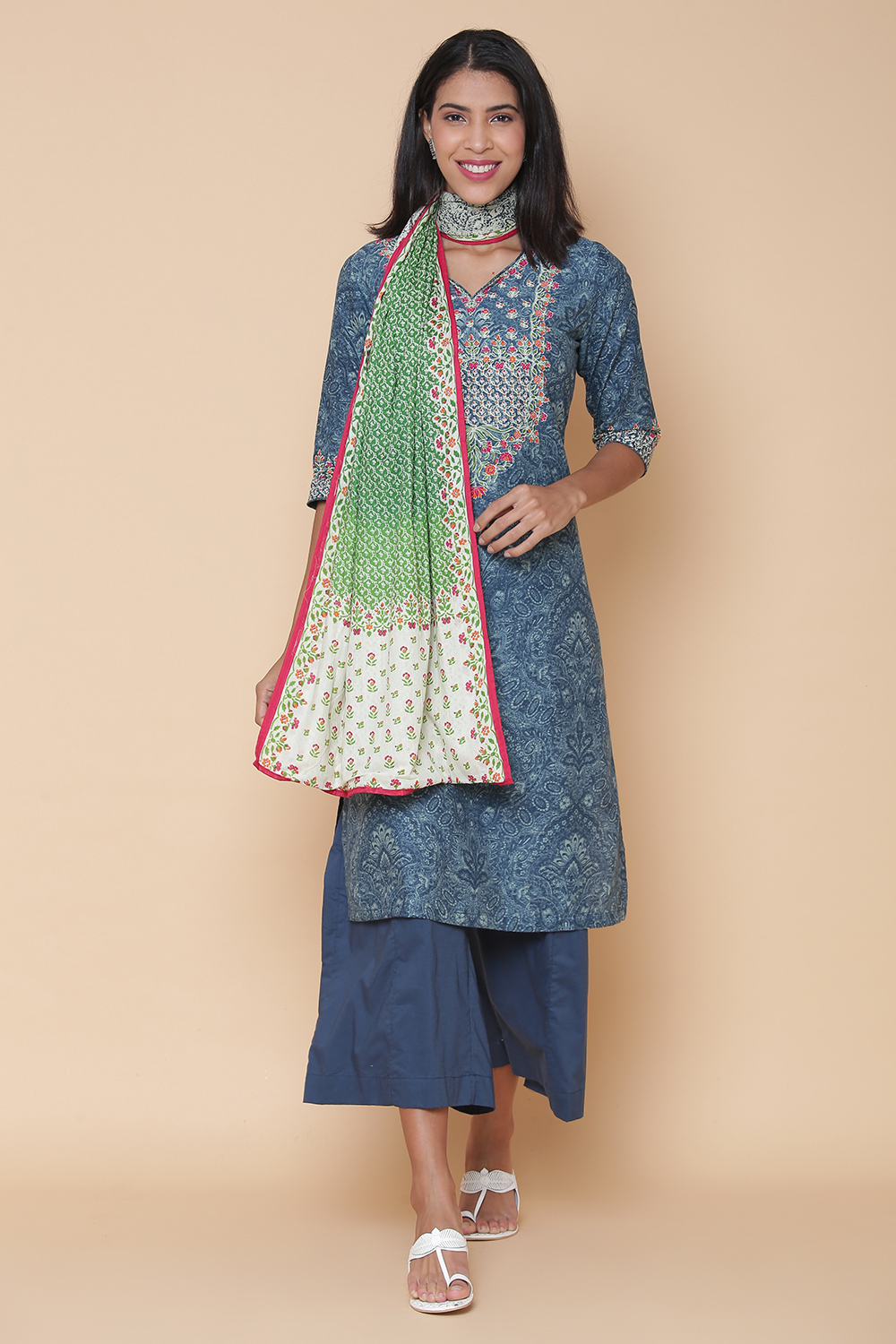 Blue Cotton Straight Kurta Flared Palazzo Suit Set image number 7