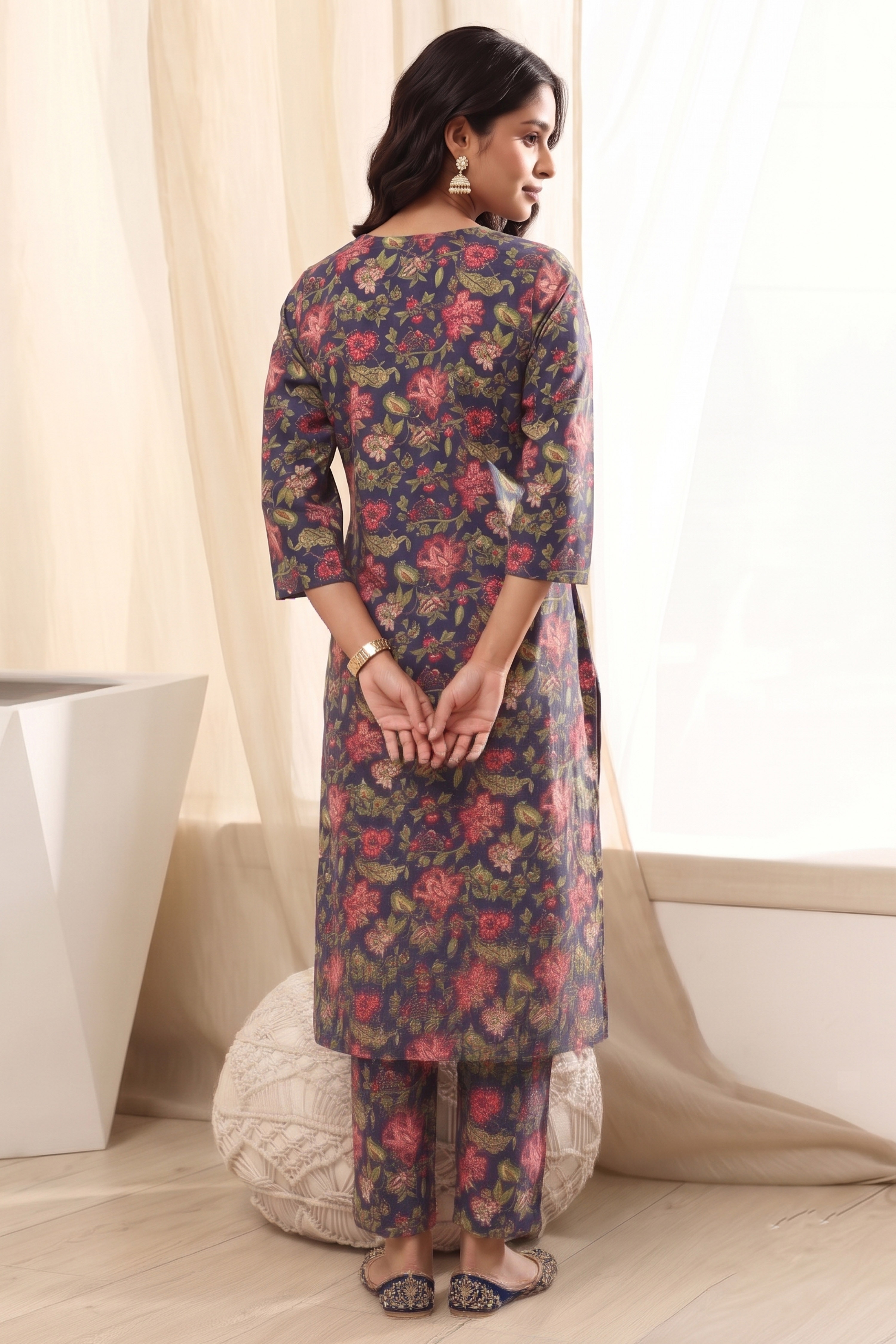 Navy Cotton Straight Kurta image number 3