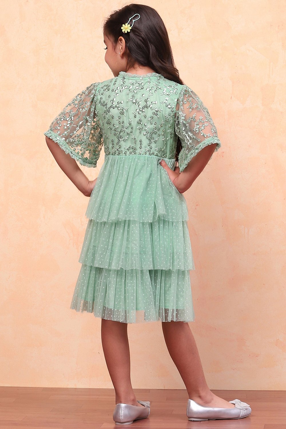 Mint Green Dobby Net Embellished Tiered Flared Dress image number 3