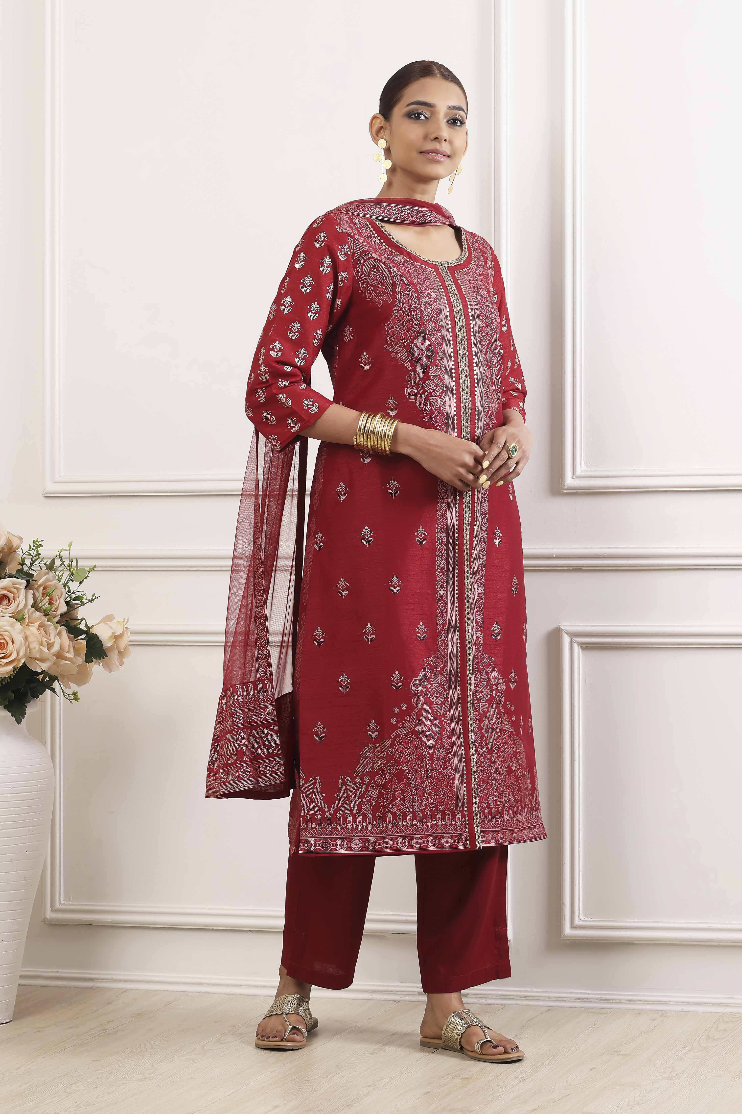 Maroon Polyester Straight Suit Set image number 5