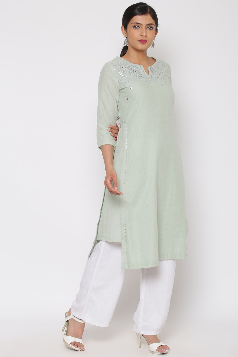 Mint Green Cotton Straight Kurta image number 4