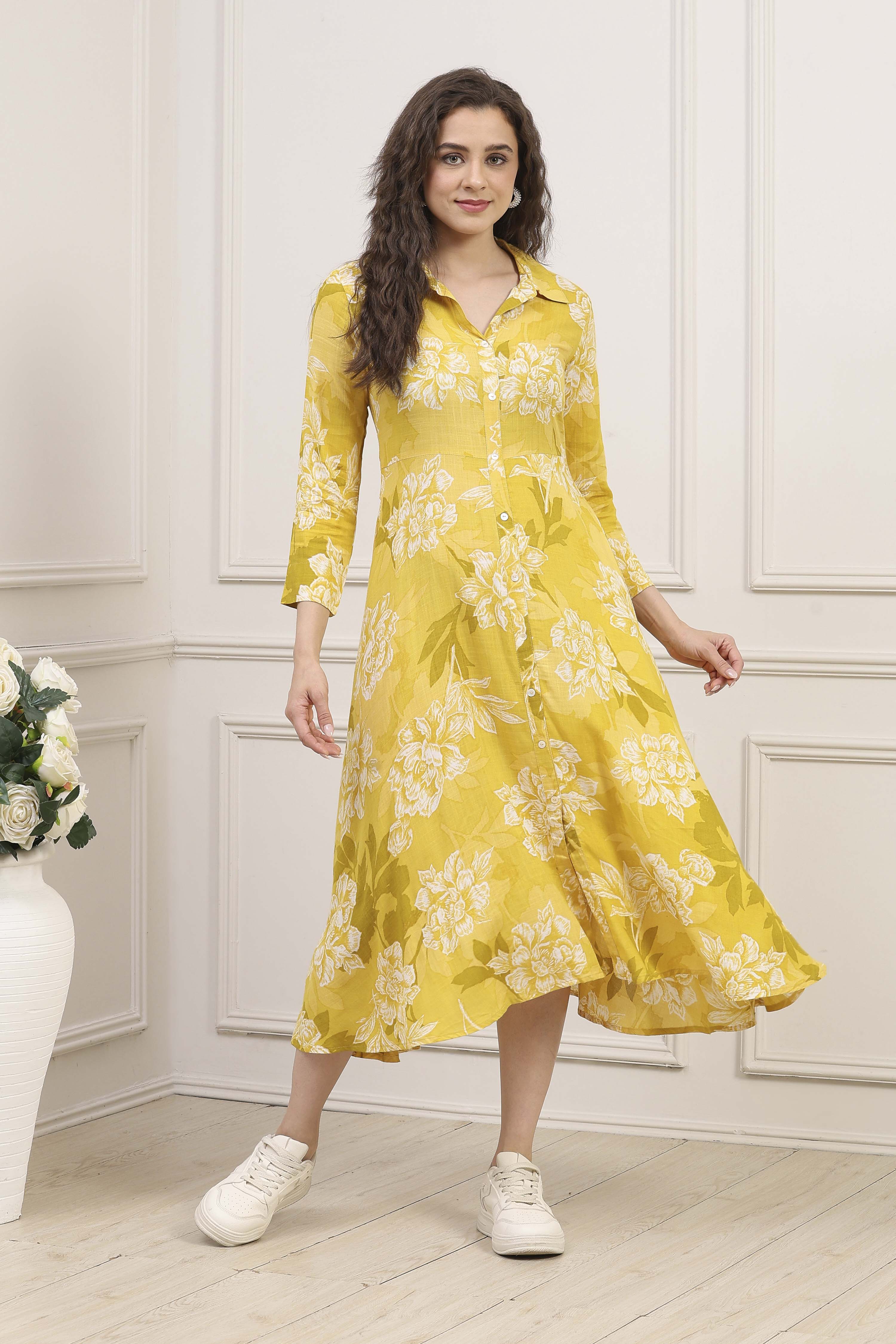 Olive Rayon Printed Straight Dress image number 5