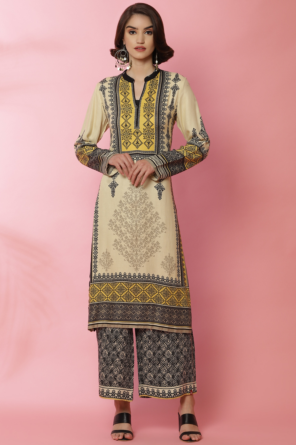 Black And Off White Viscose Straight Printed Kurta image number 2