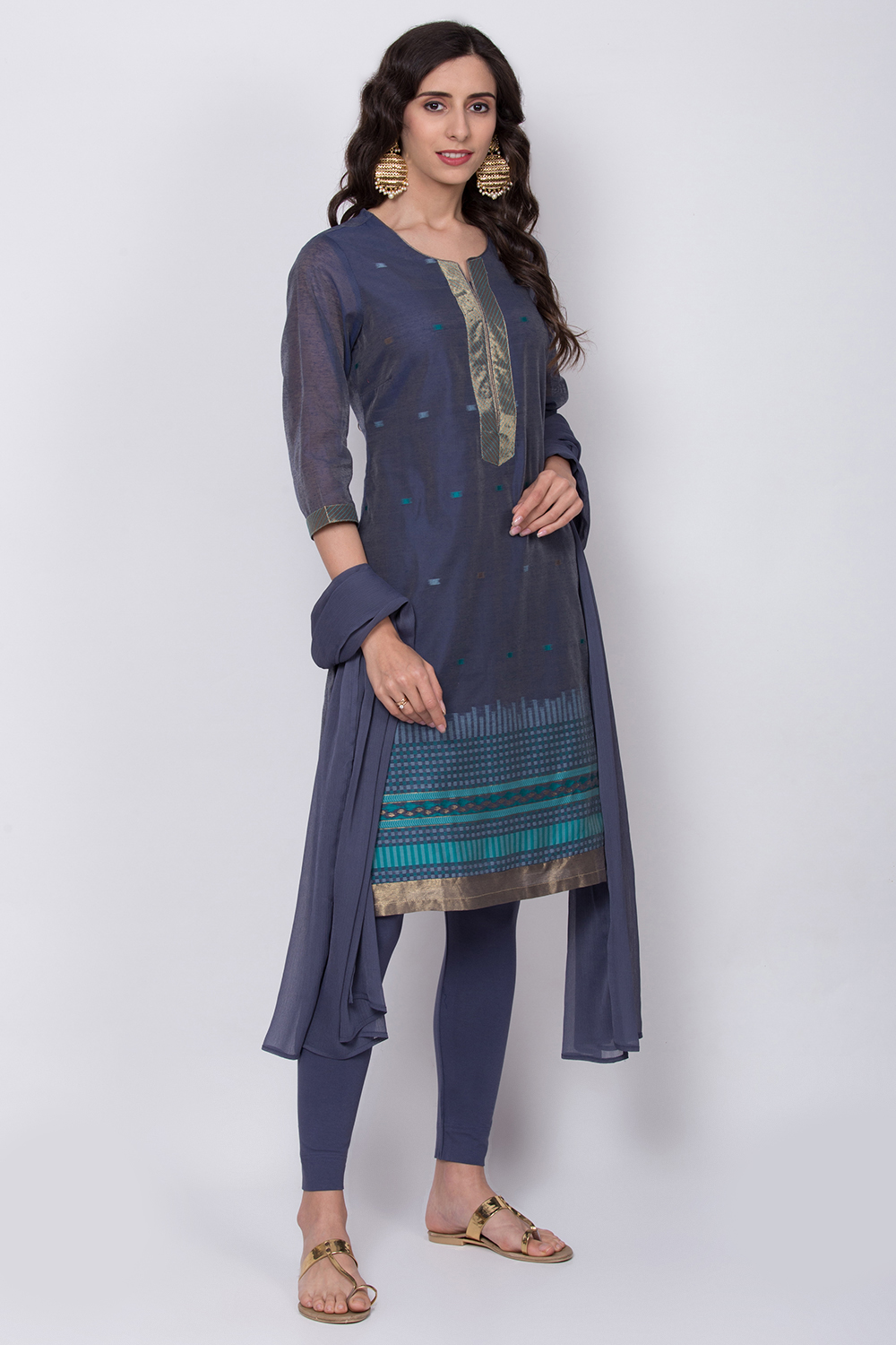 Navy Blue Poly Metallic Cotton Straight Suit Set image number 3