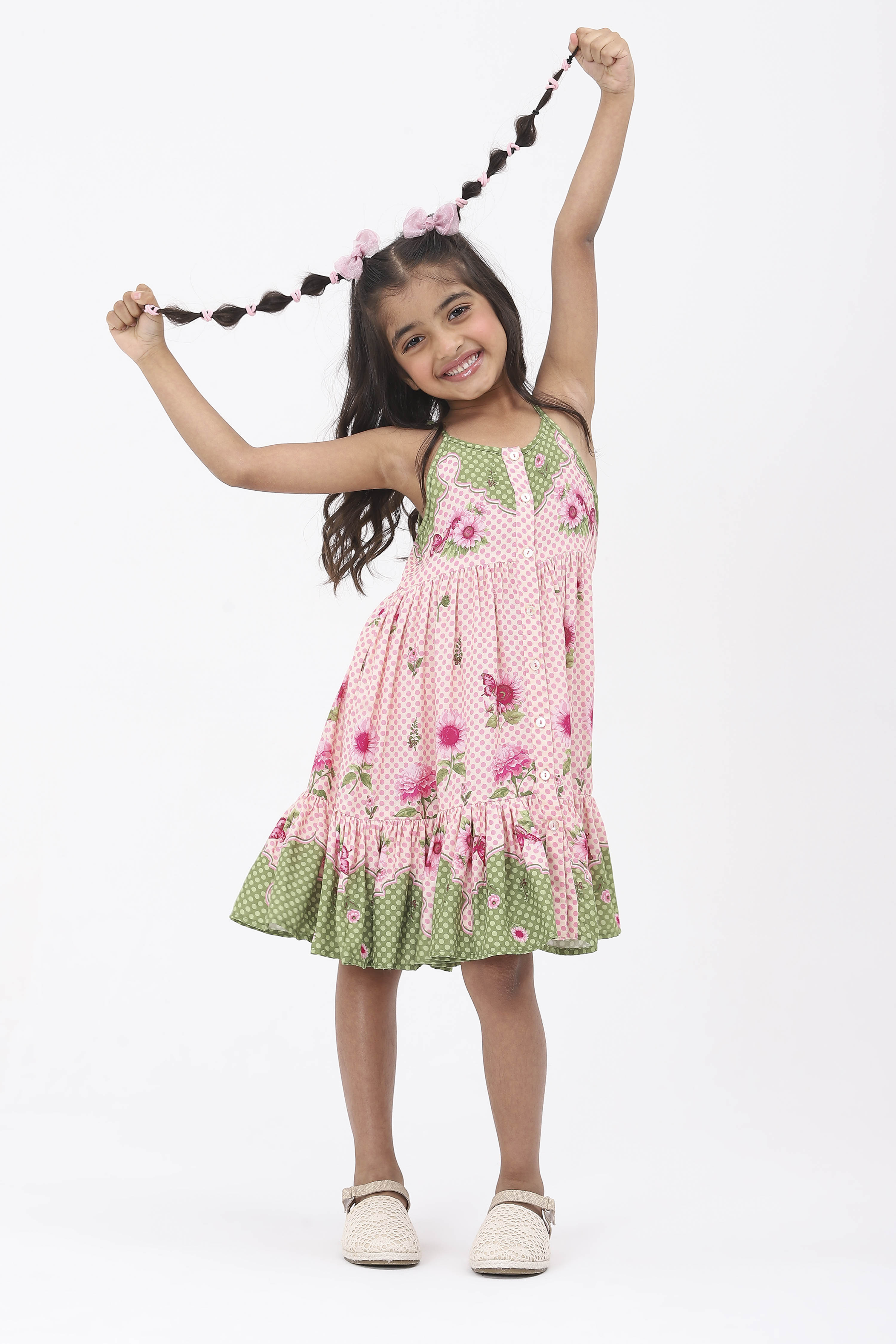 Pink Viscose Rayon Printed Tiered Dress image number 0