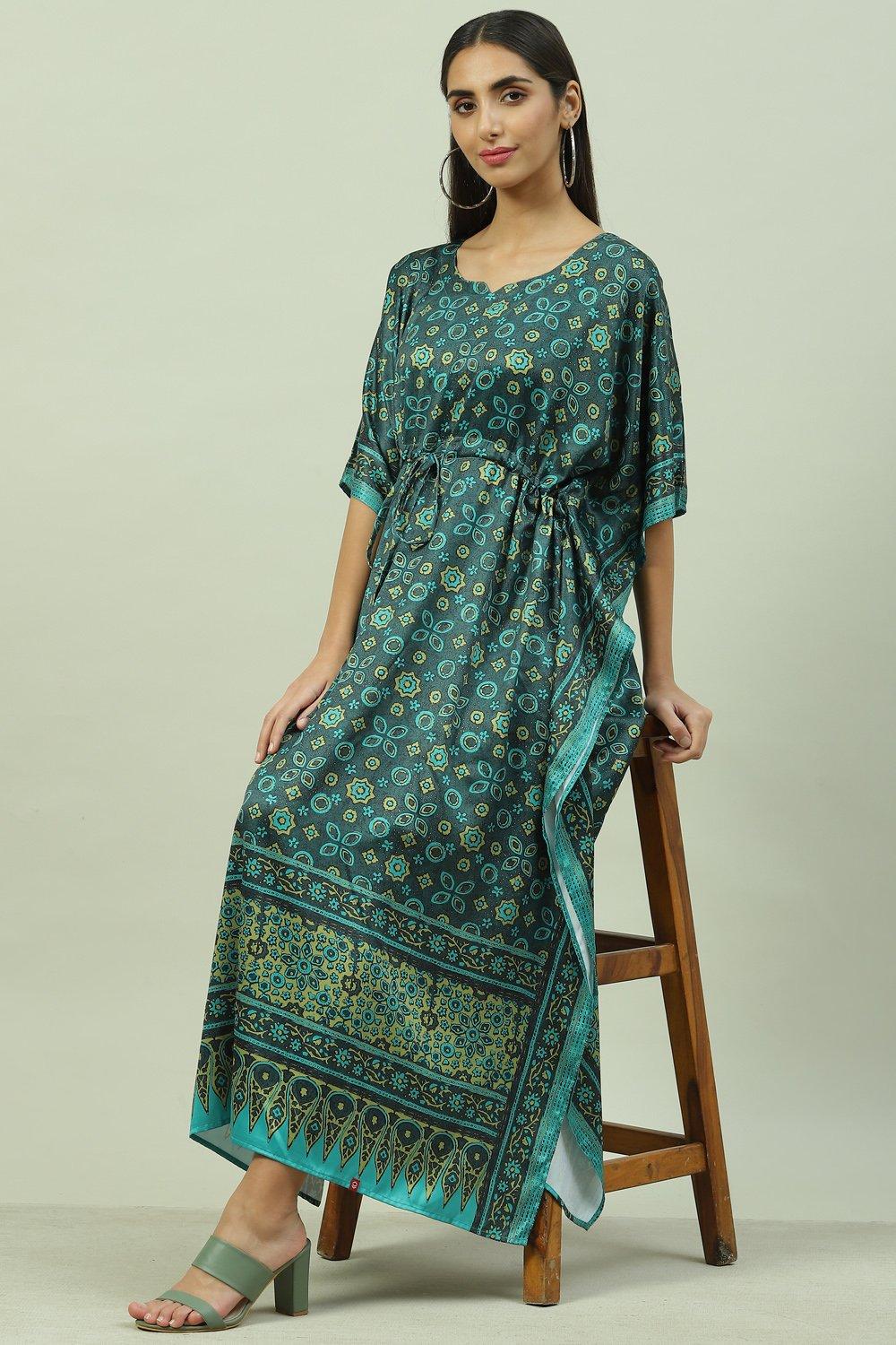 Forest Green Art Silk Printed Nightwear image number 5