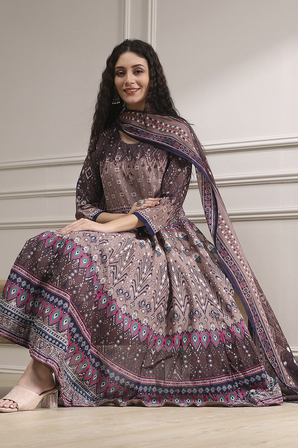 Lilac Cotton Printed Anarkali Suit Set image number 0
