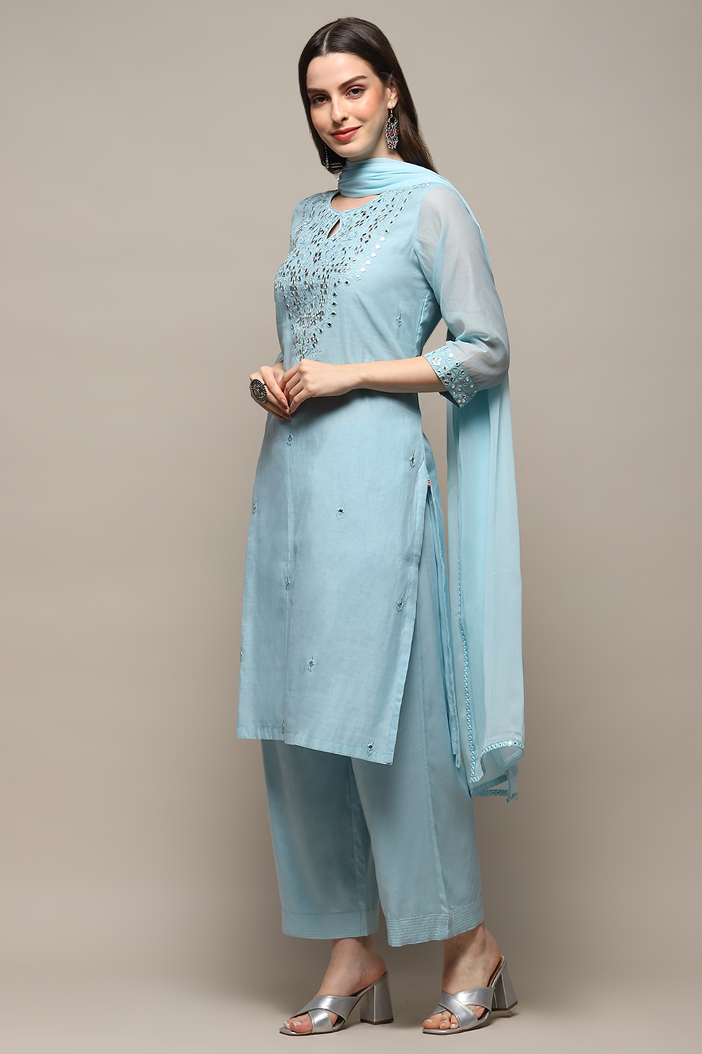 Powder Blue Polyester Straight Suit Set image number 4