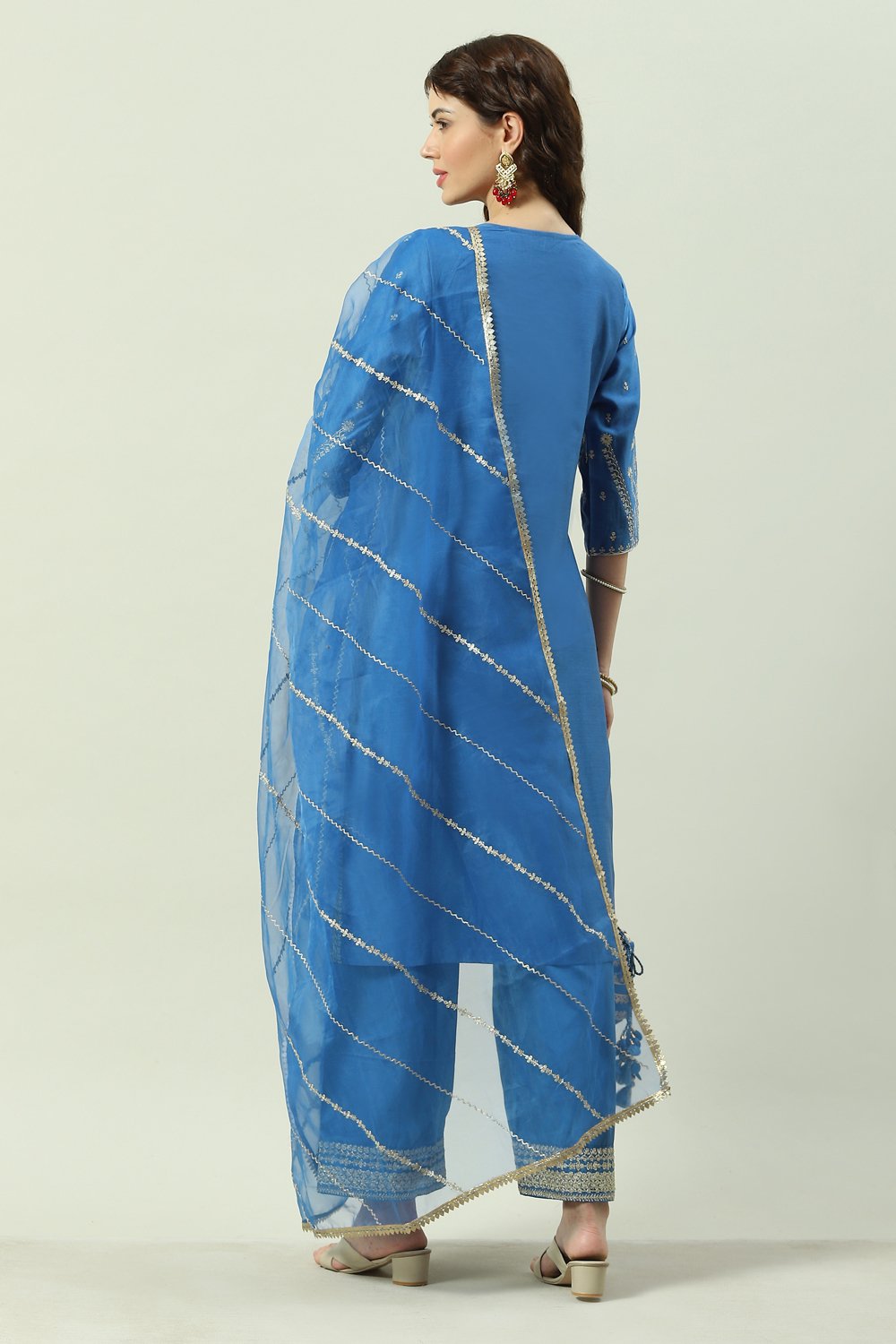 Blue Cotton Silk Straight Kurta Palazzo Suit Set image number 4
