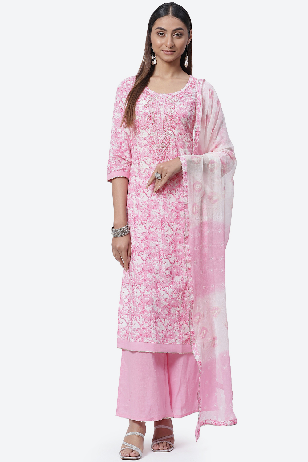 Pink Cotton Screen Print Unstitched Suit Set image number 0