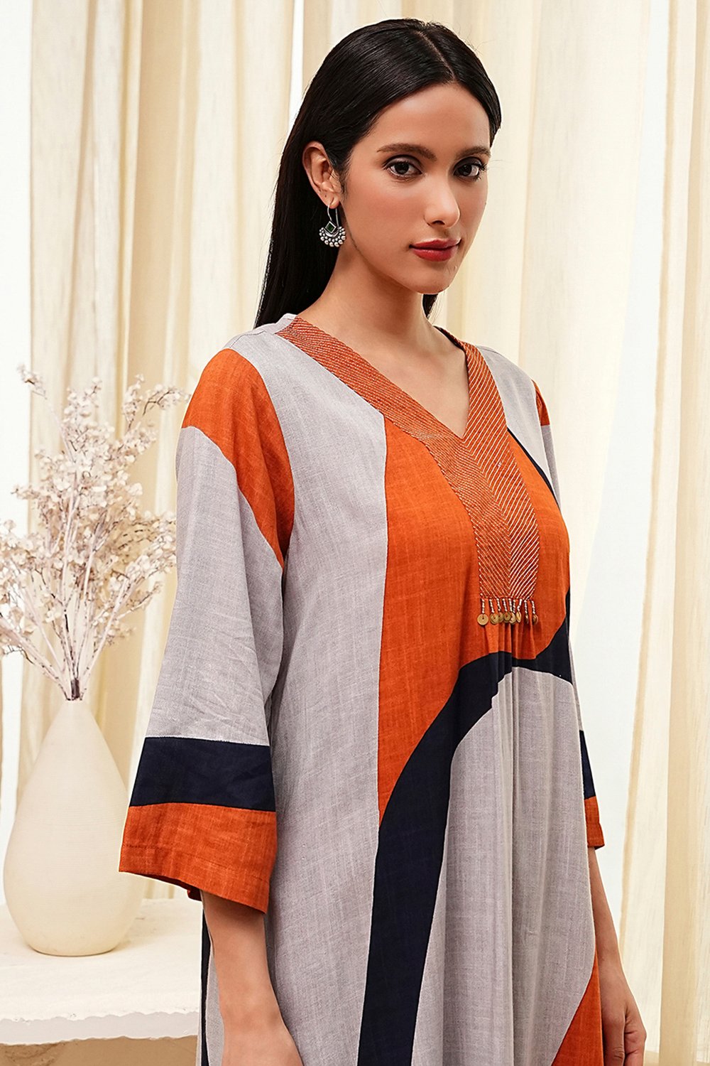 Orange and Beige Printed Straight Suit Set image number 1