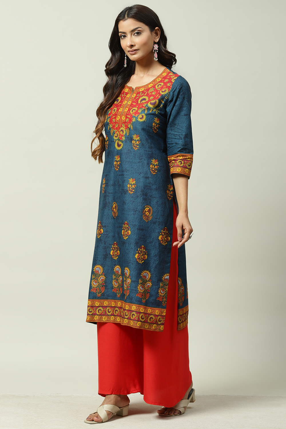 Teal Cotton Straight Kurta image number 4