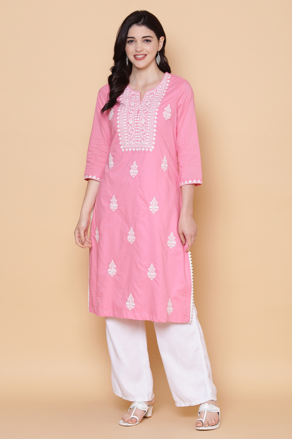 Pink Cotton Chikankari Embroidered Kurta image number 0