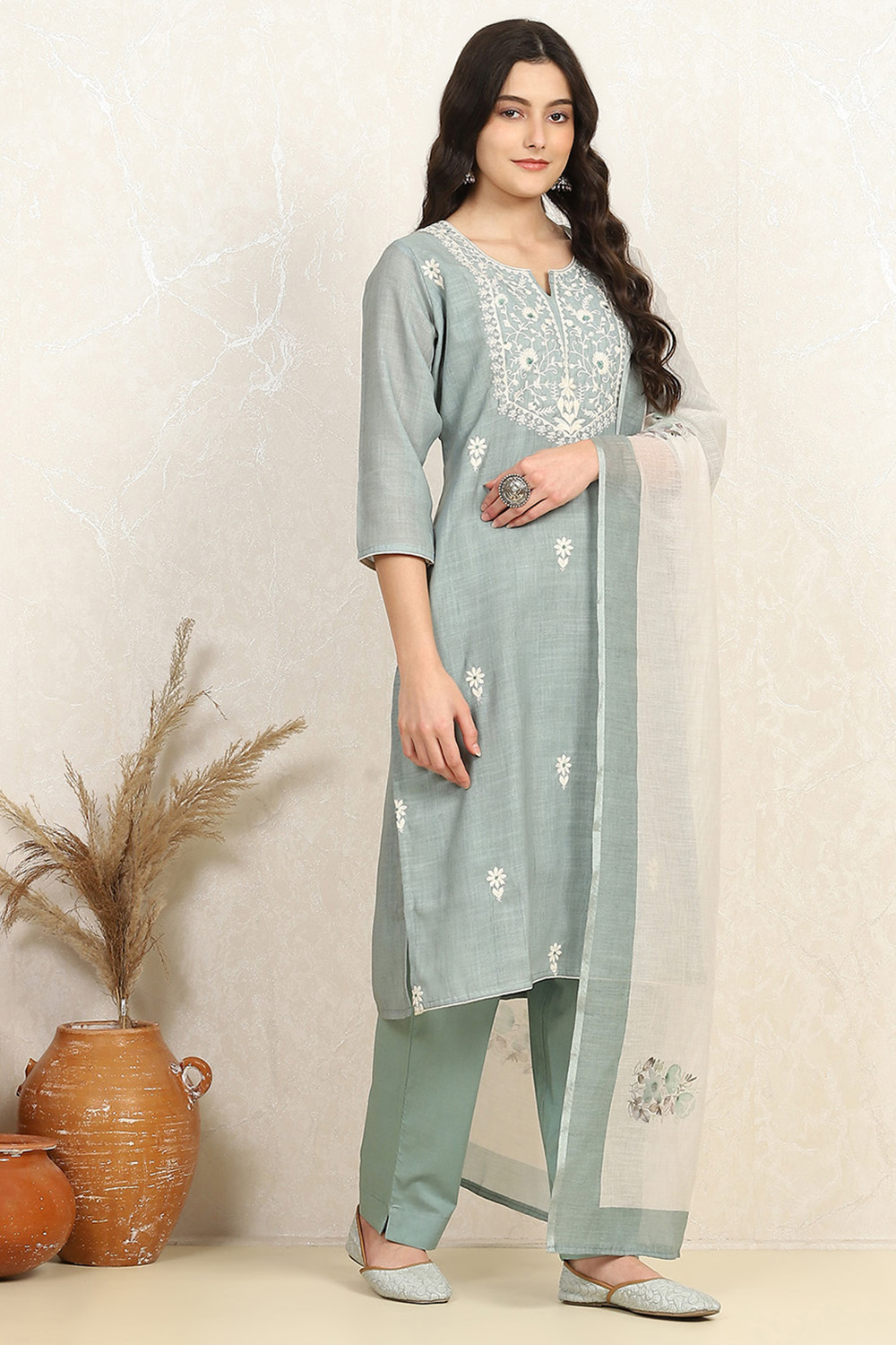 Teal Cotton Unstitched Suit Set image number 6