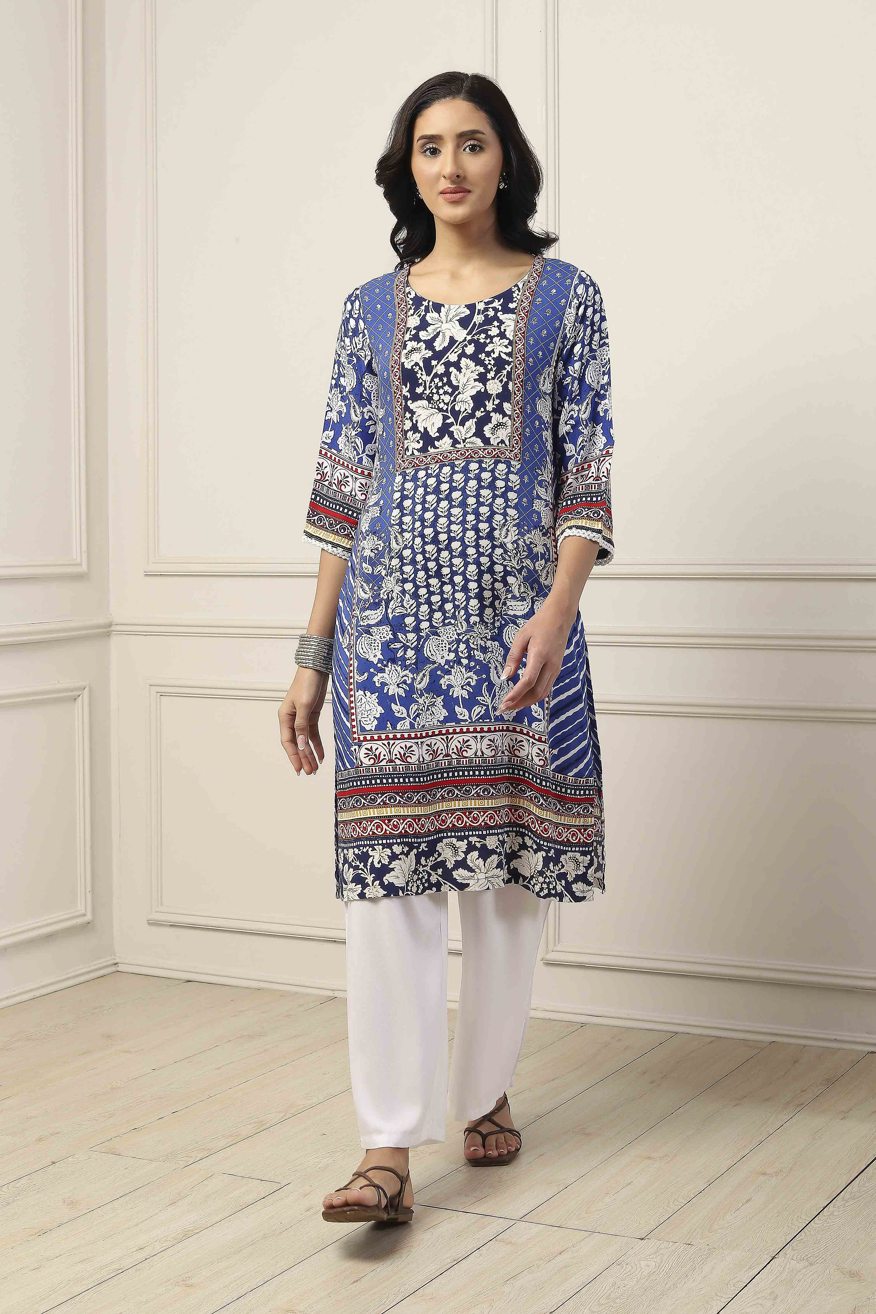 Blue Viscose Rayon Floral Printed Straight Kurta image number 5