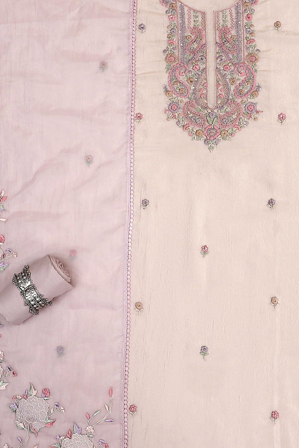 Grey Tissue Hand Embroidered Unstitched Suit Set image number 1