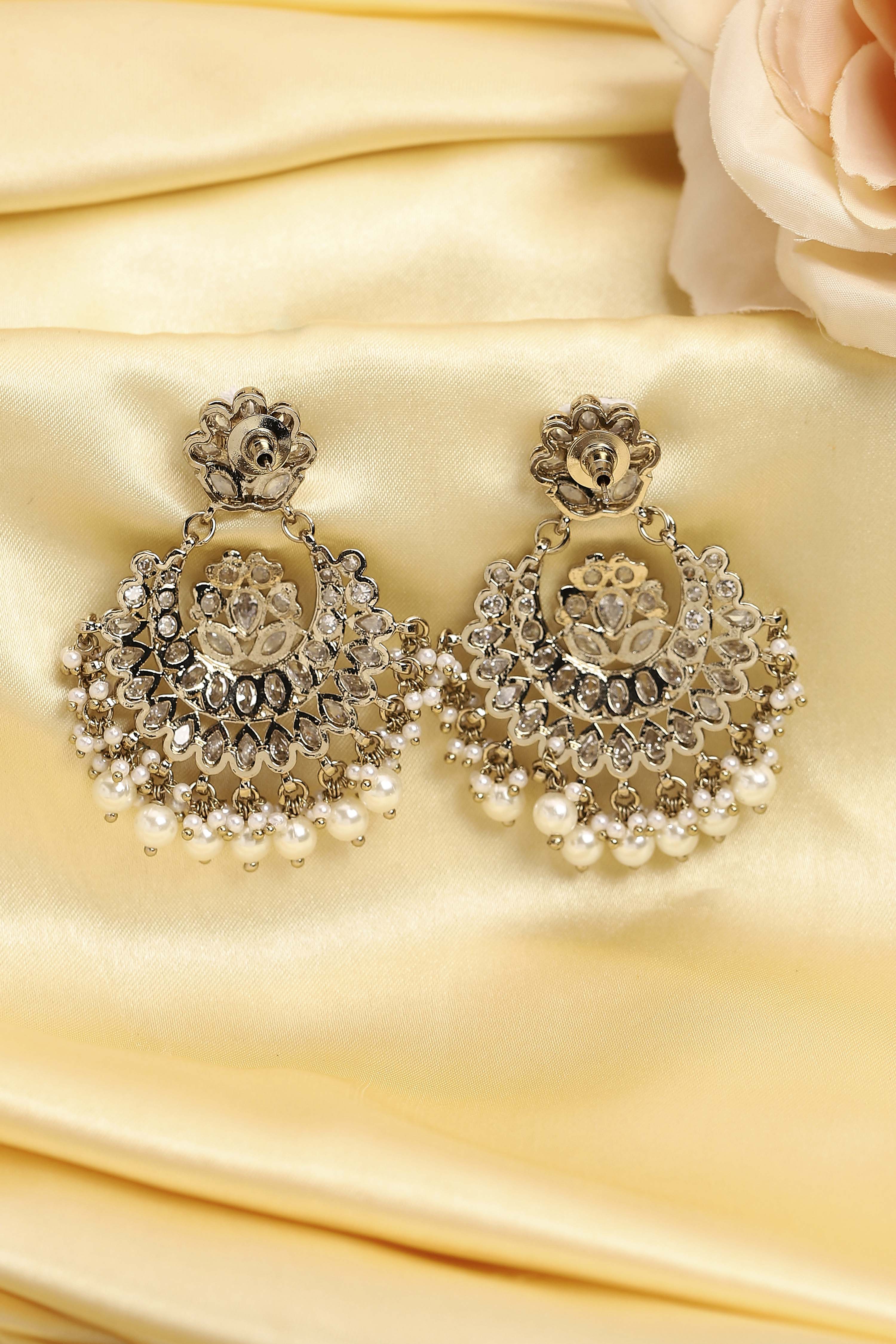 Silver-Toned Gold Plated Brass Studded Chandbalis image number 2