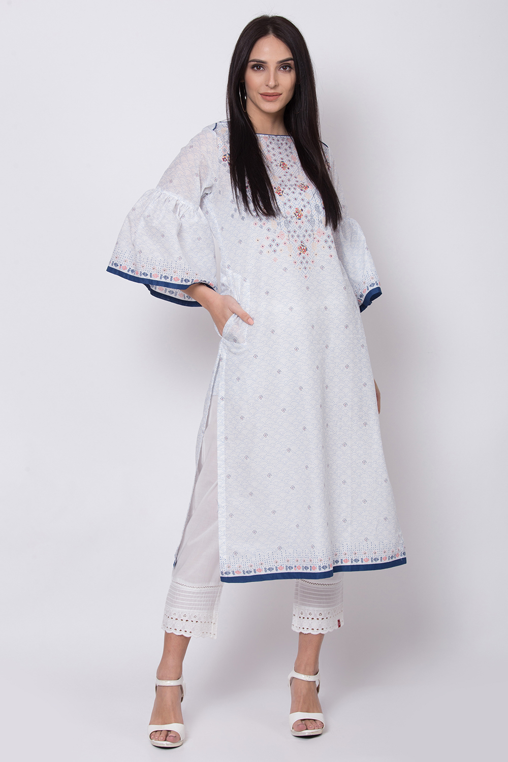 White Cotton Straight Printed Kurta image number 2