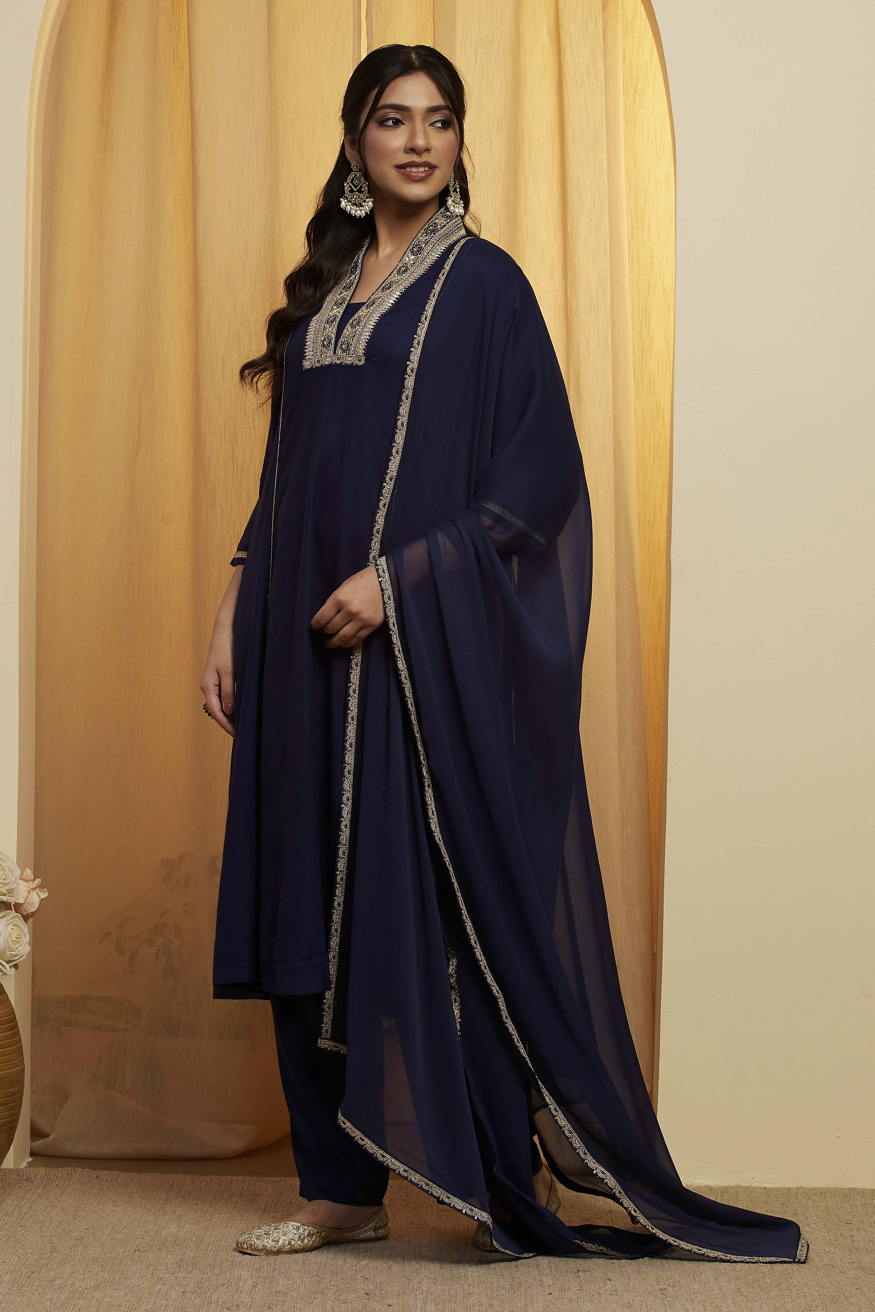 Navy Blue Viscose Rayon Yoke Design Straight Kurta Set image number 3