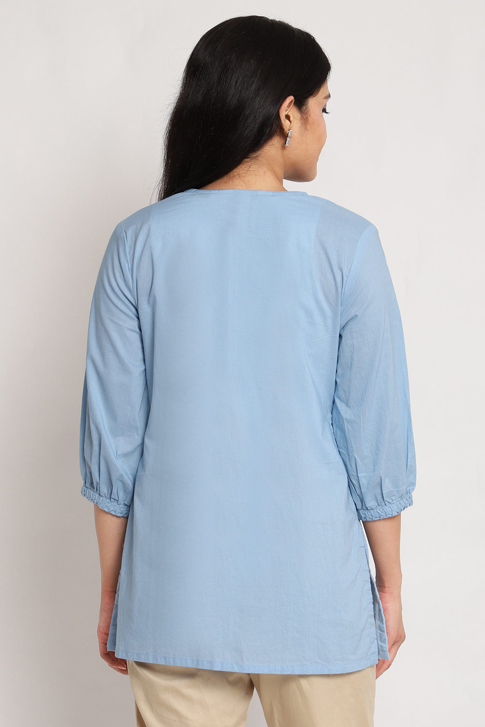 Sky Blue Cotton Short Solid Kurti image number 5
