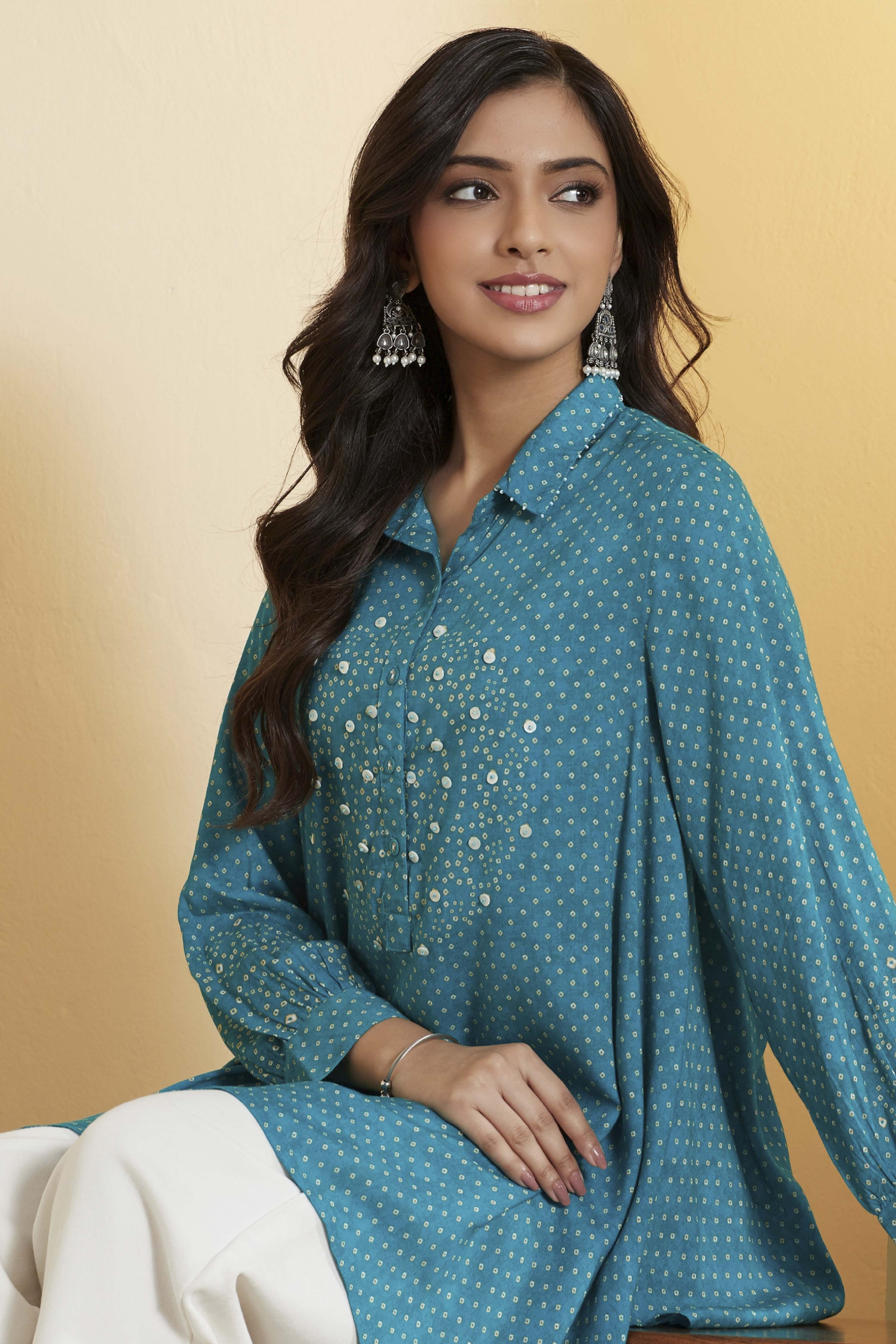 Sea Green Viscose Rayon Asymmetric Short Kurti image number 1