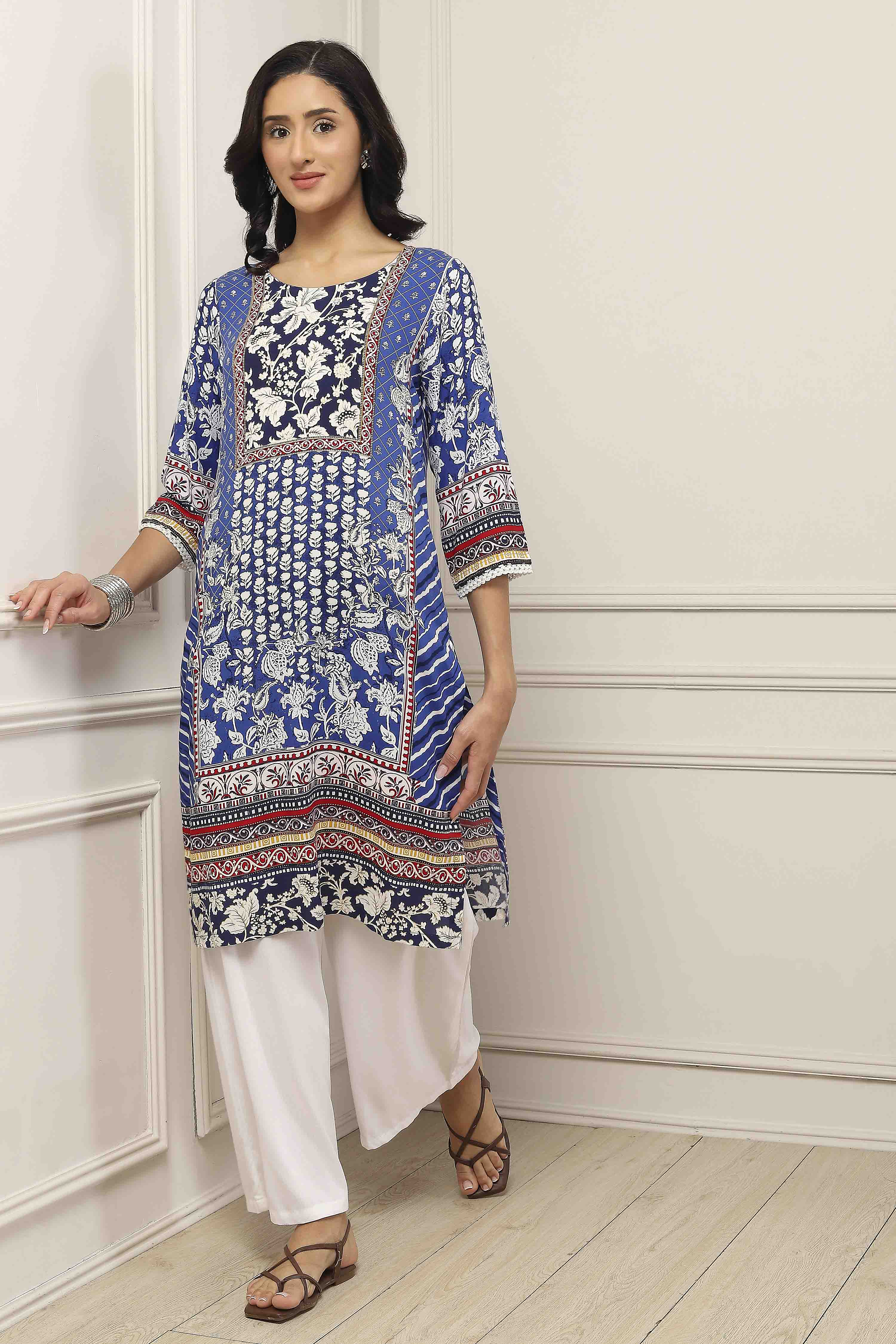 Blue Viscose Rayon Floral Printed Straight Kurta image number 0