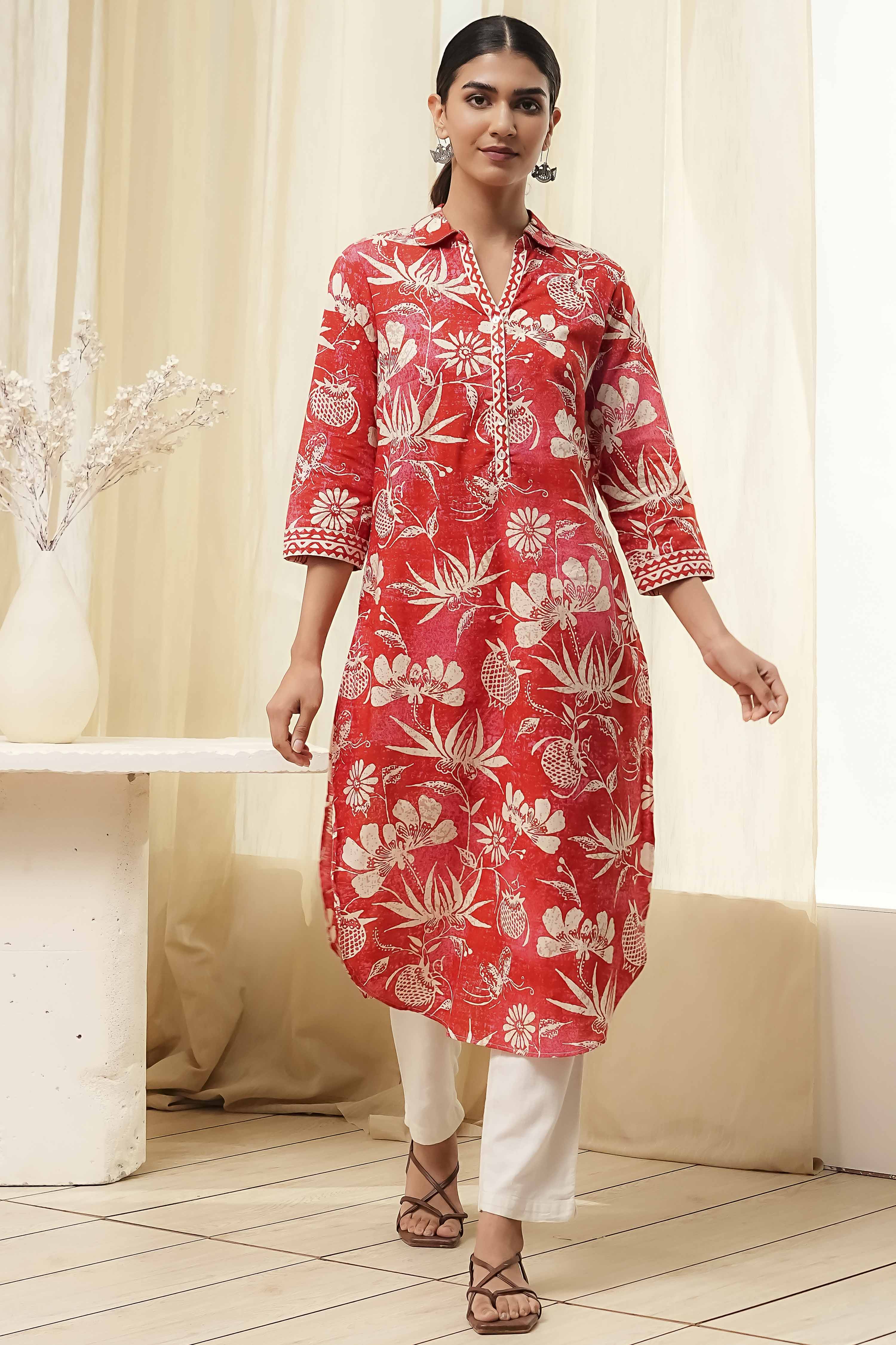Red Pure Cotton Floral Straight Kurta image number 5