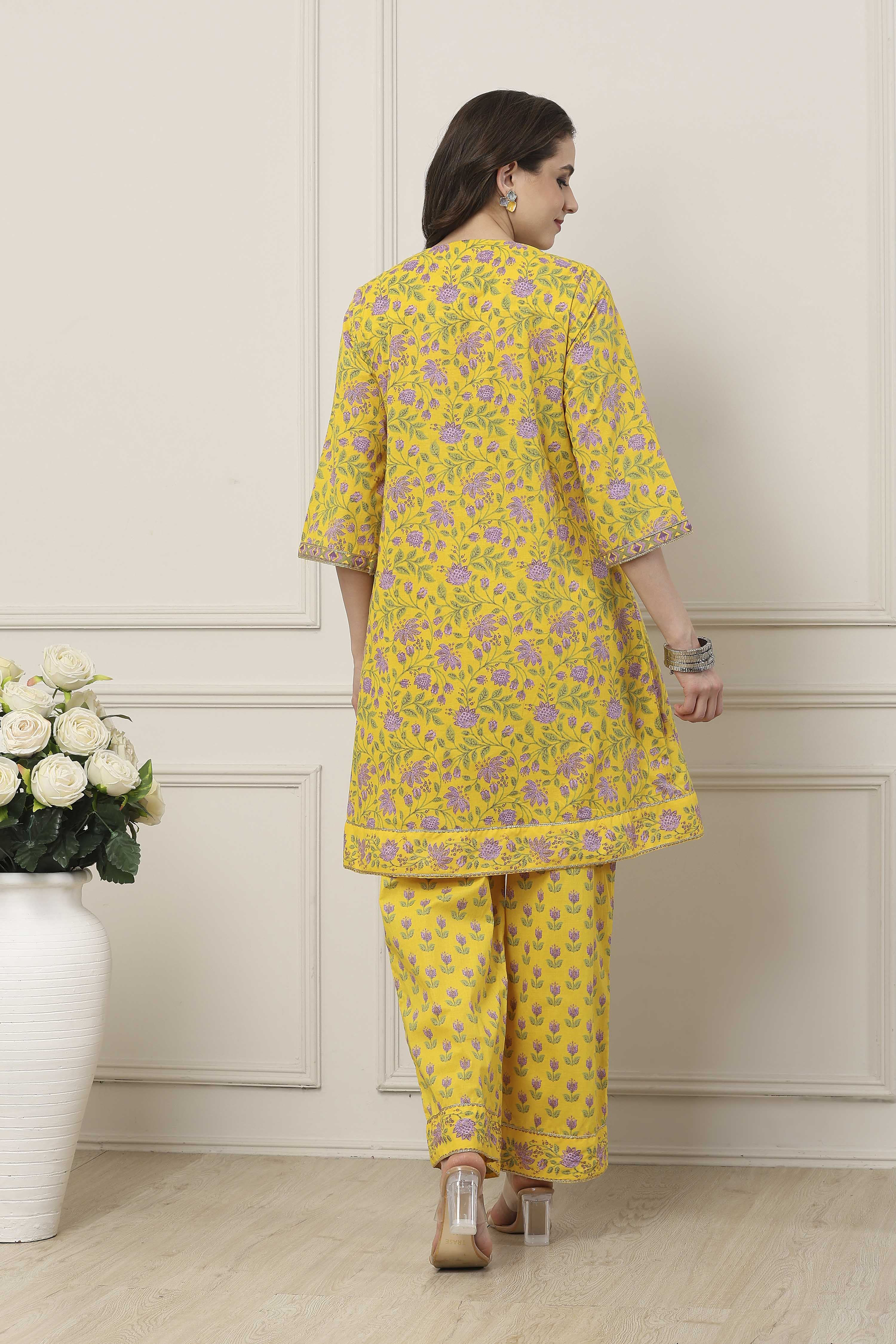 Yellow Cotton Kalidar Suit Set image number 5