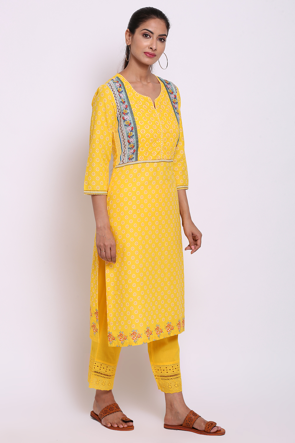 Yellow Cotton Straight Printed Kurta image number 4