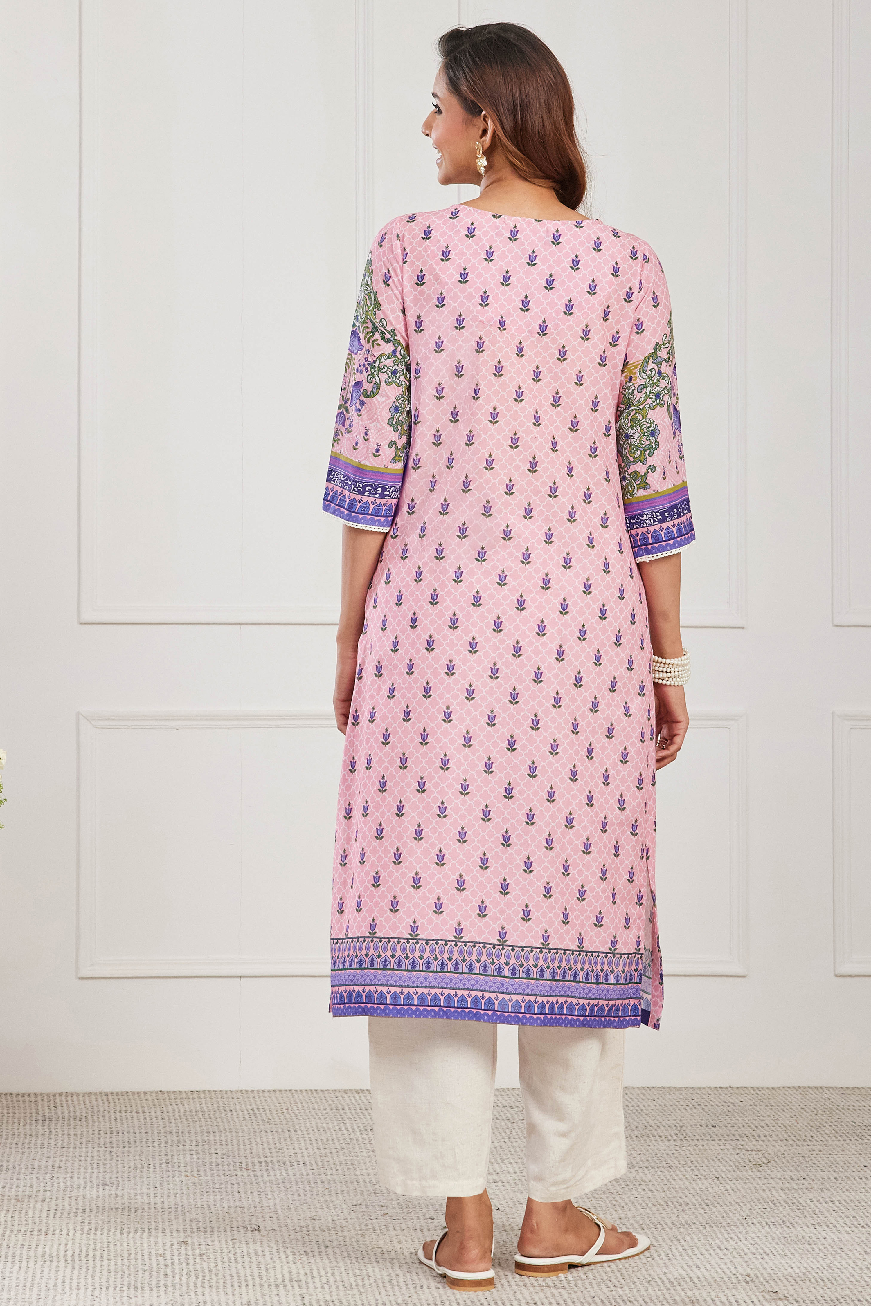 Pink Cotton Printed Straight Kurta image number 3