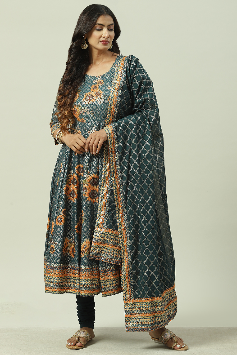 Peacock Blue Cotton Anarkali Kurta Churidar Suit Set image number 5