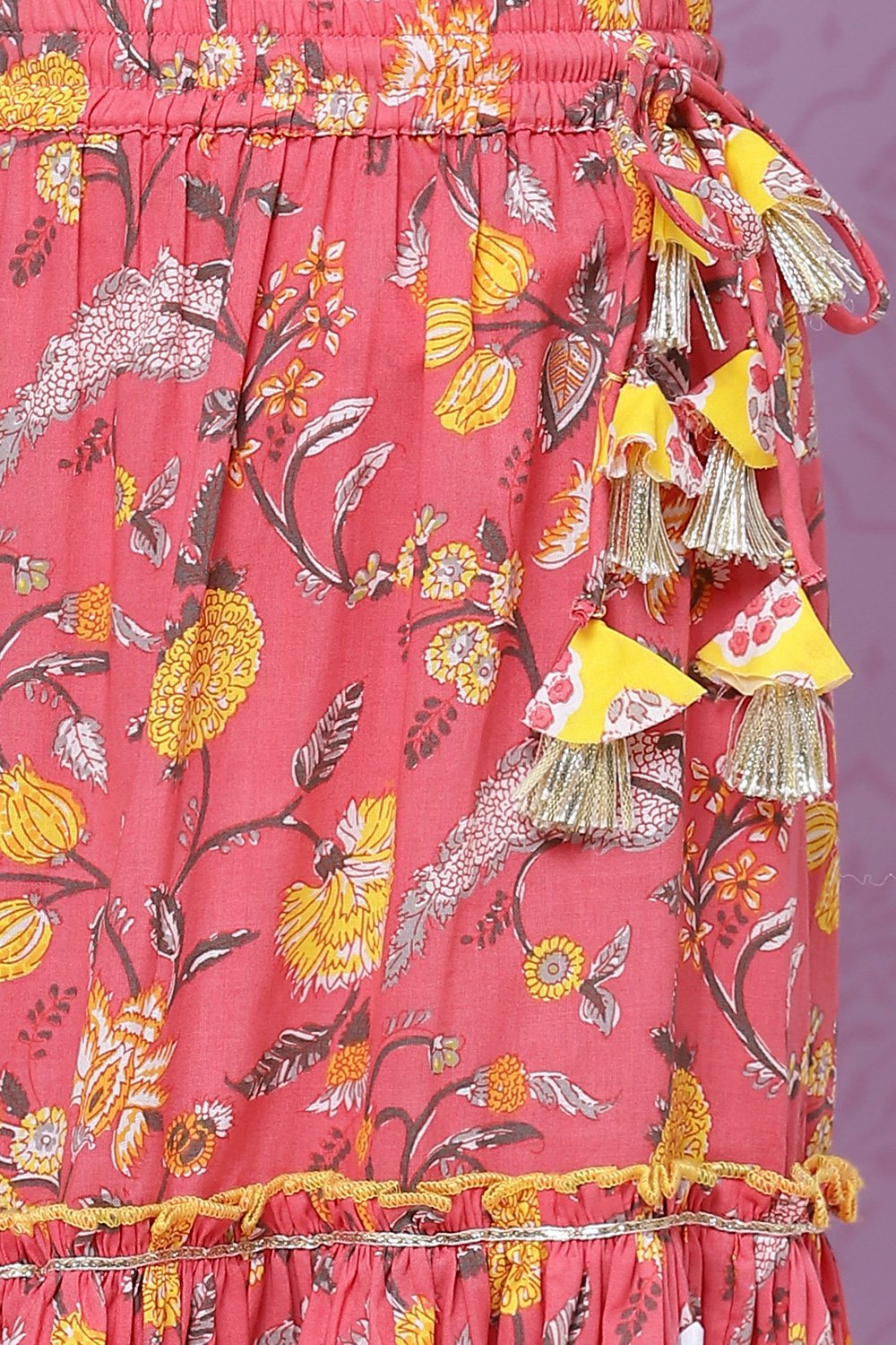 Yellow And Pink Cotton Girls Lehenga Set image number 3