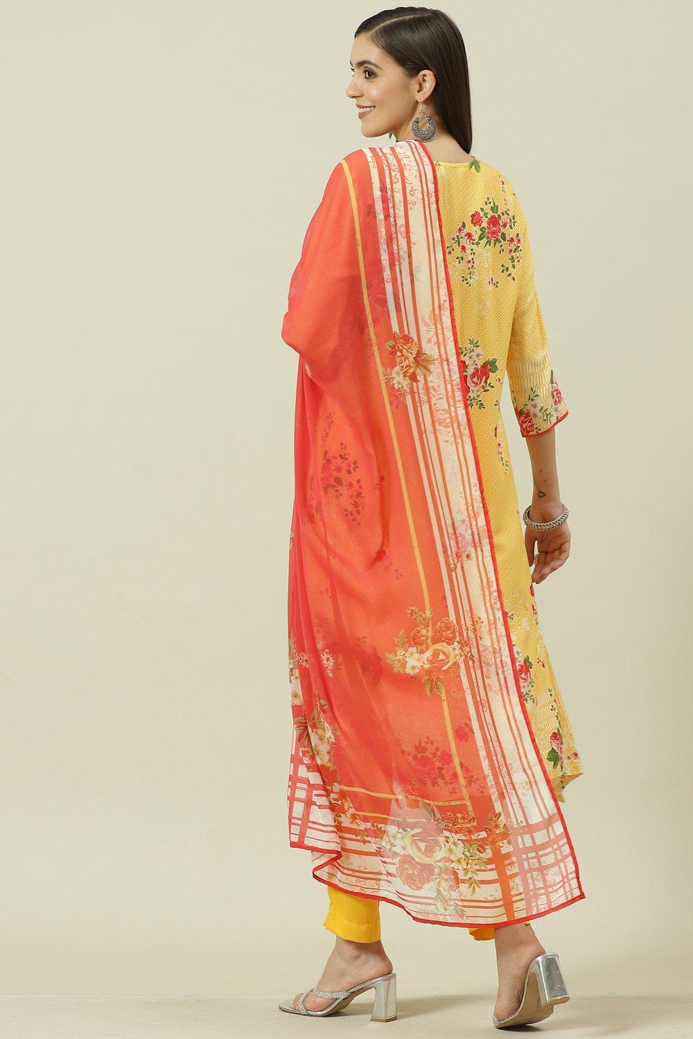 Yellow Printed Viscose A-Line Kurta Slim Pants Suit Set image number 4