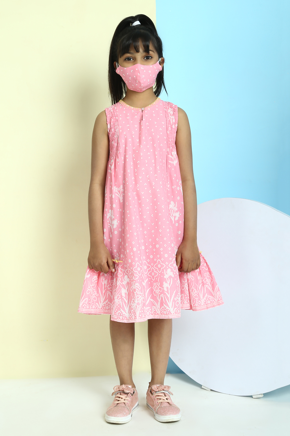 Pink Cotton Flared Printed Dress image number 5