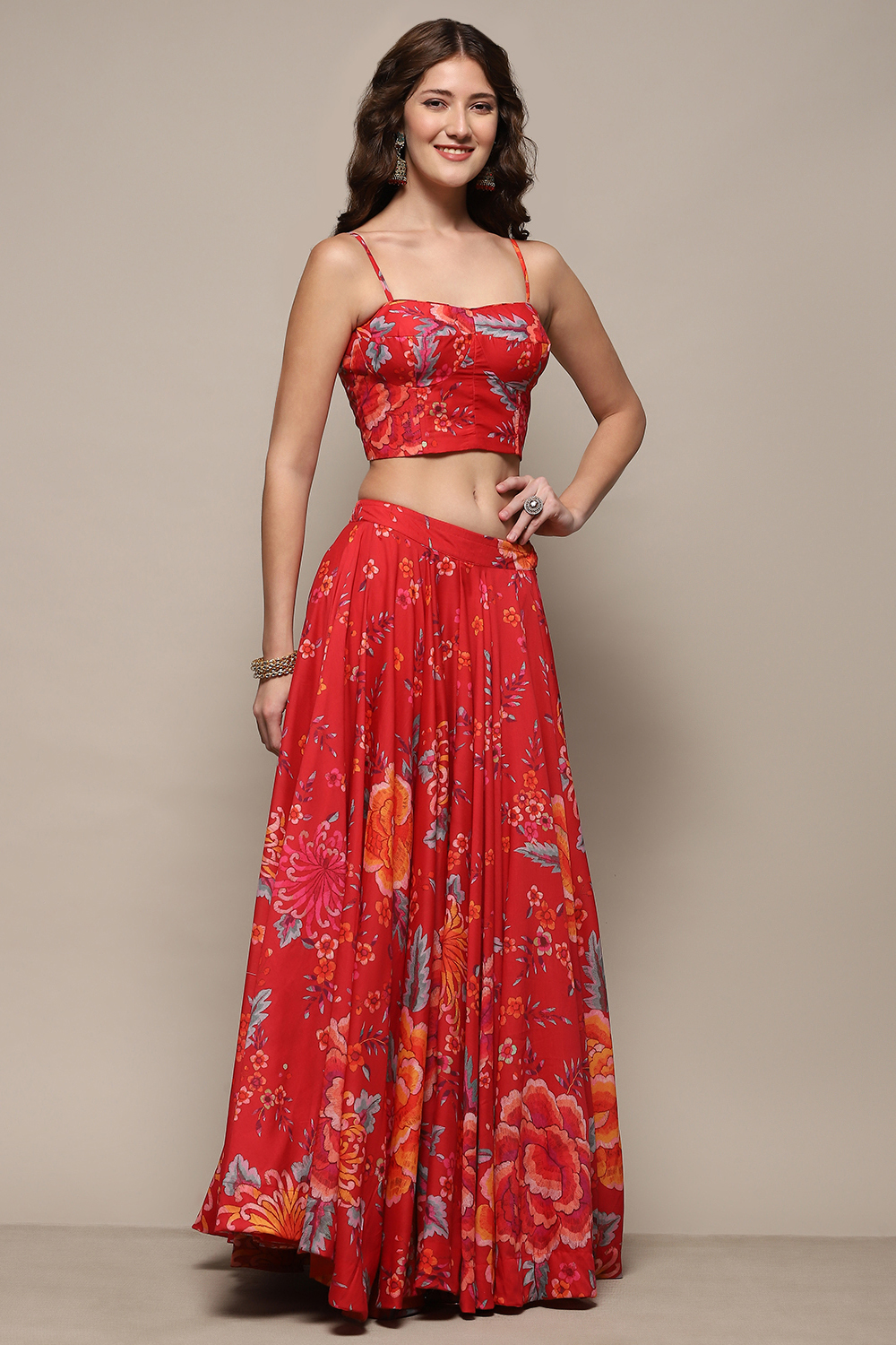 Red Floral Printed Flared Lehenga Set with Jacket image number 6