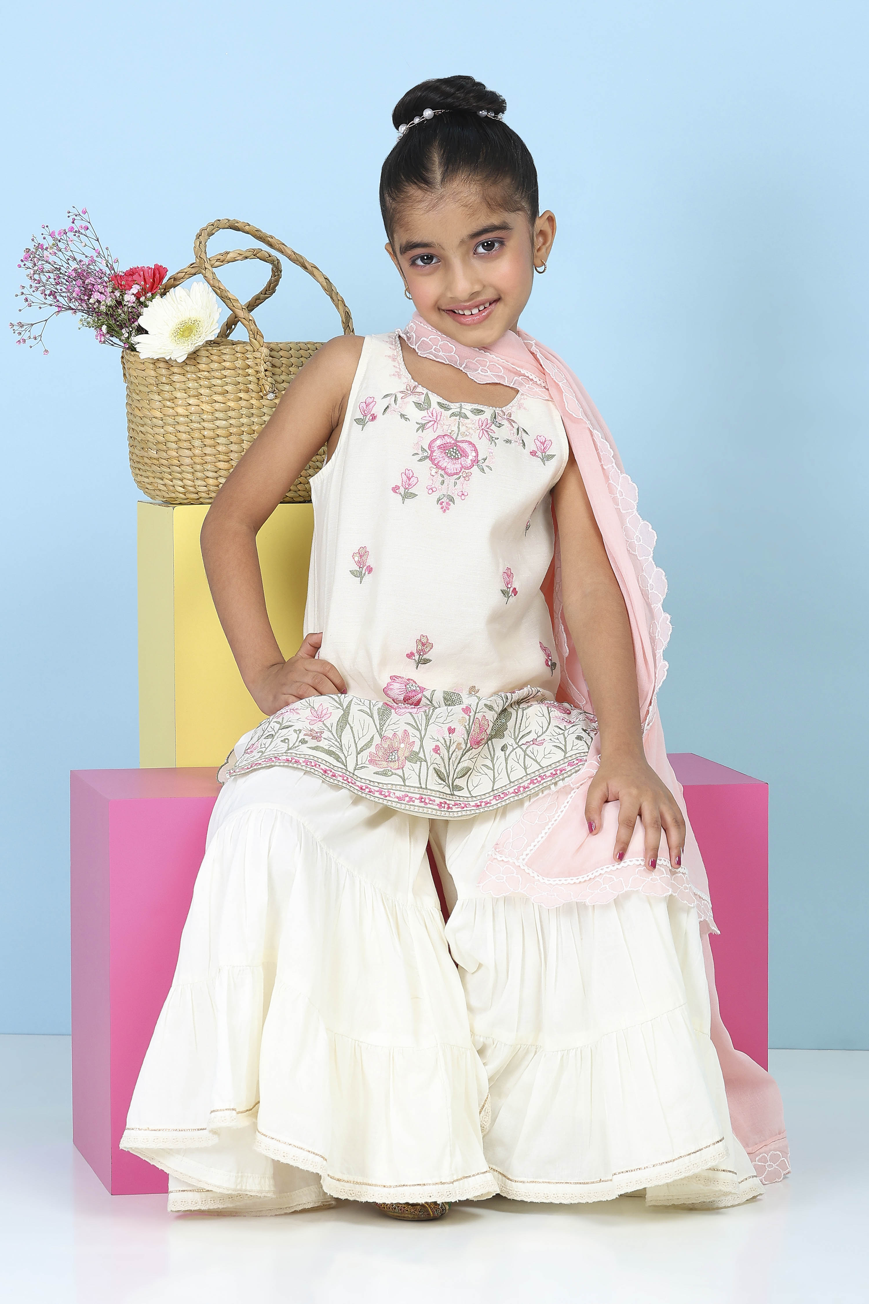 White Poly Chanderi Sequin Embroidered Straight Suit Set image number 0