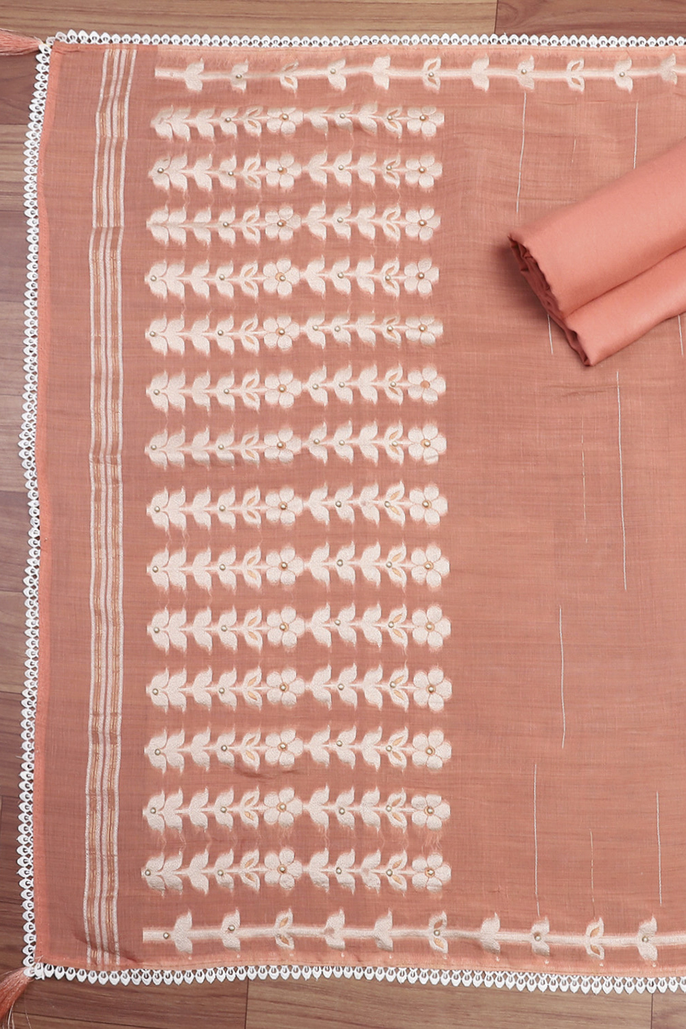 Peach Chanderi Unstitched Suit Set image number 2