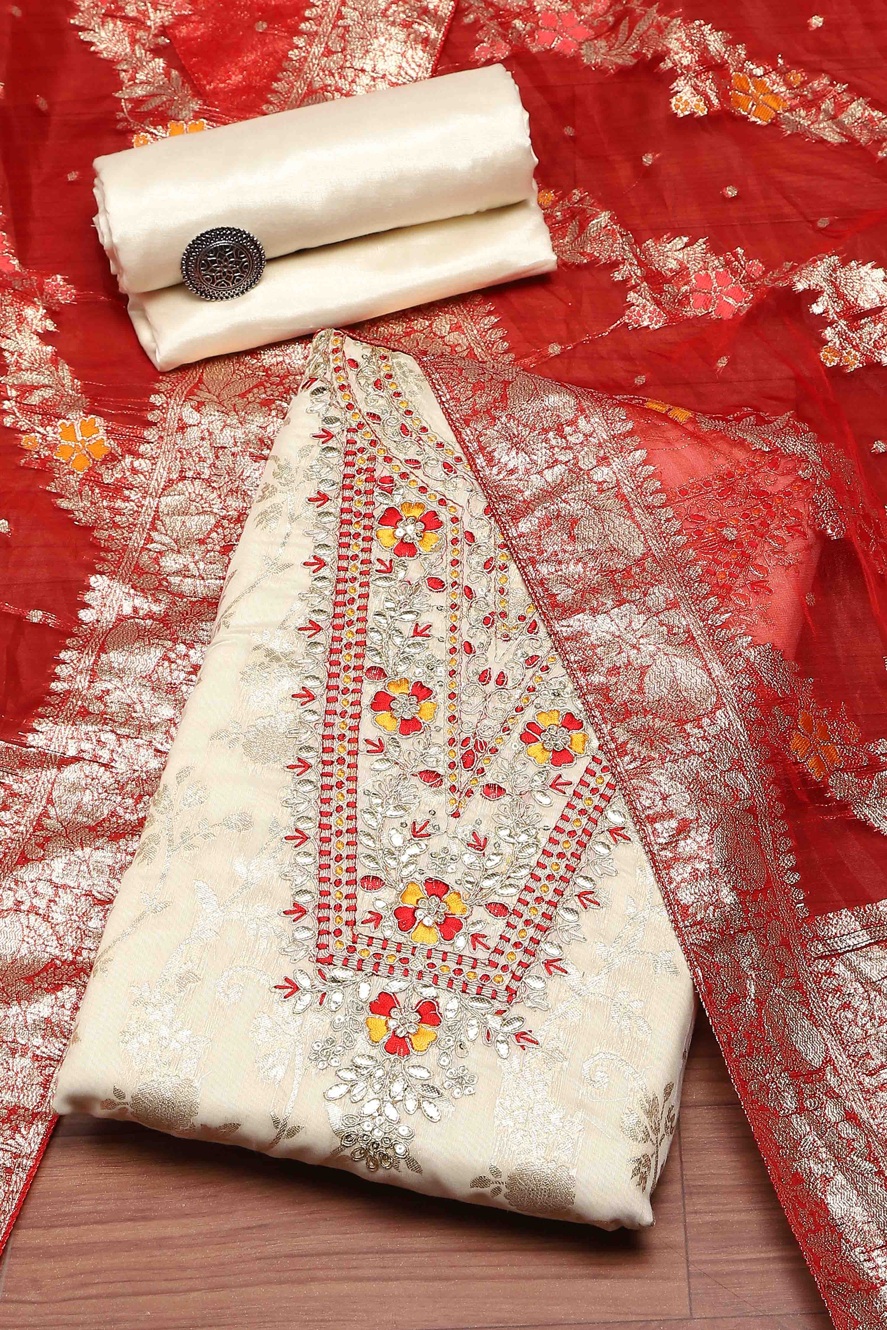 Red Tissue Chanderi Embroidered Unstitched Suit Set image number 0